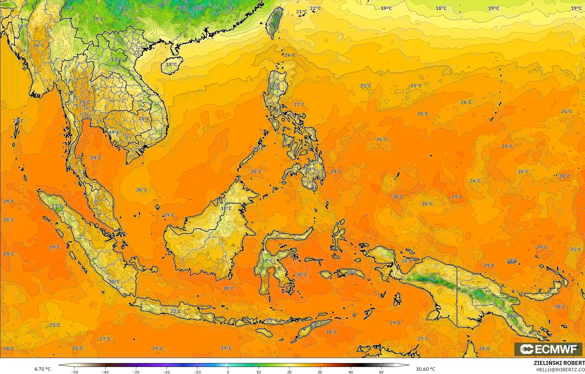 ECMWF IFS 0.25° モデル - 東南アジア, 気温（2m）