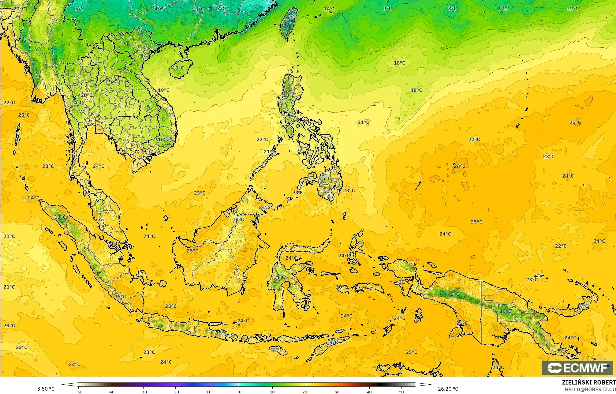 ECMWF IFS 0.25° モデル - 東南アジア, 露点温度（2m）