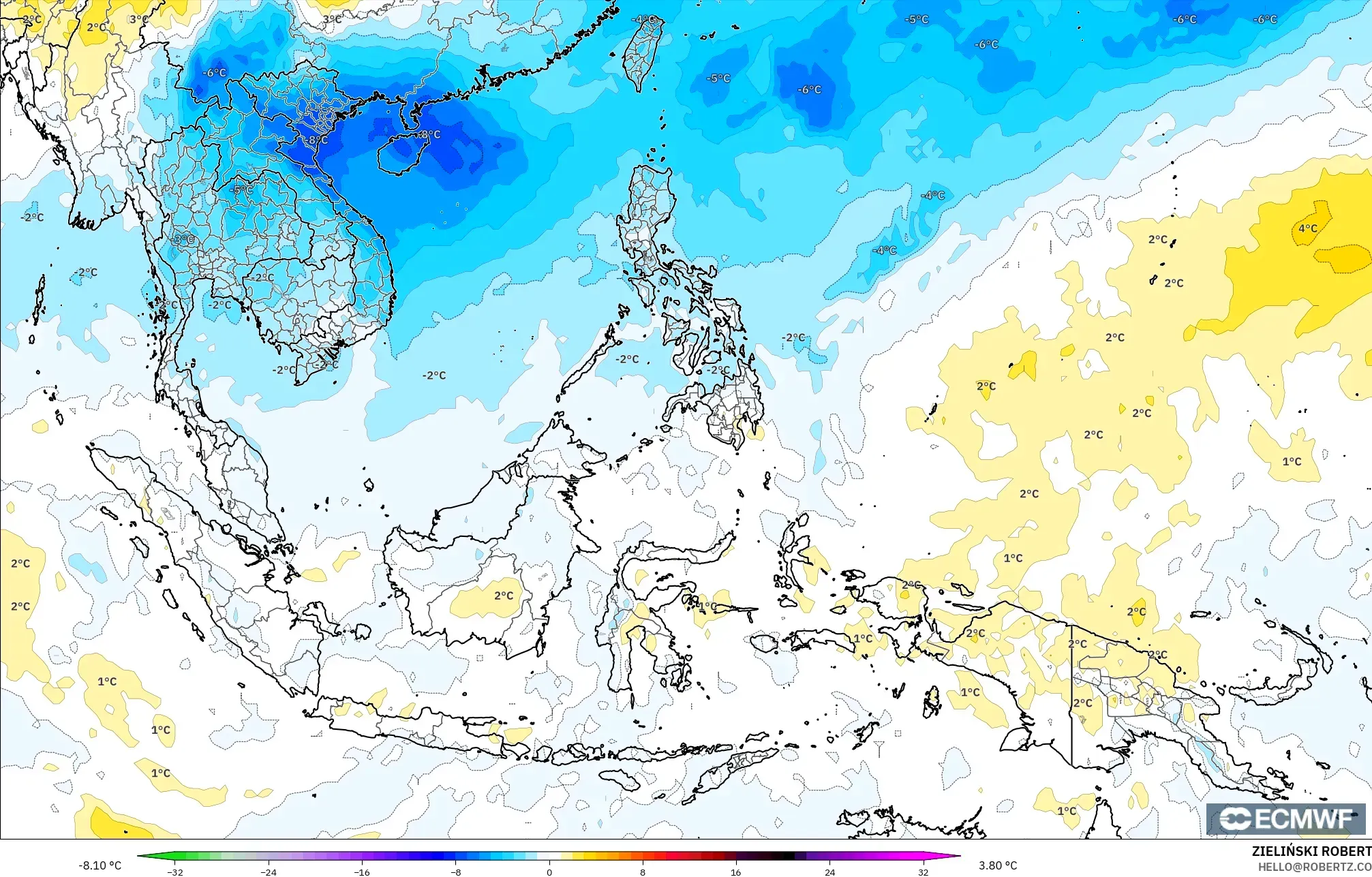 ECMWF IFS 0.25° モデル - 東南アジア, 気温異常（850hPa）