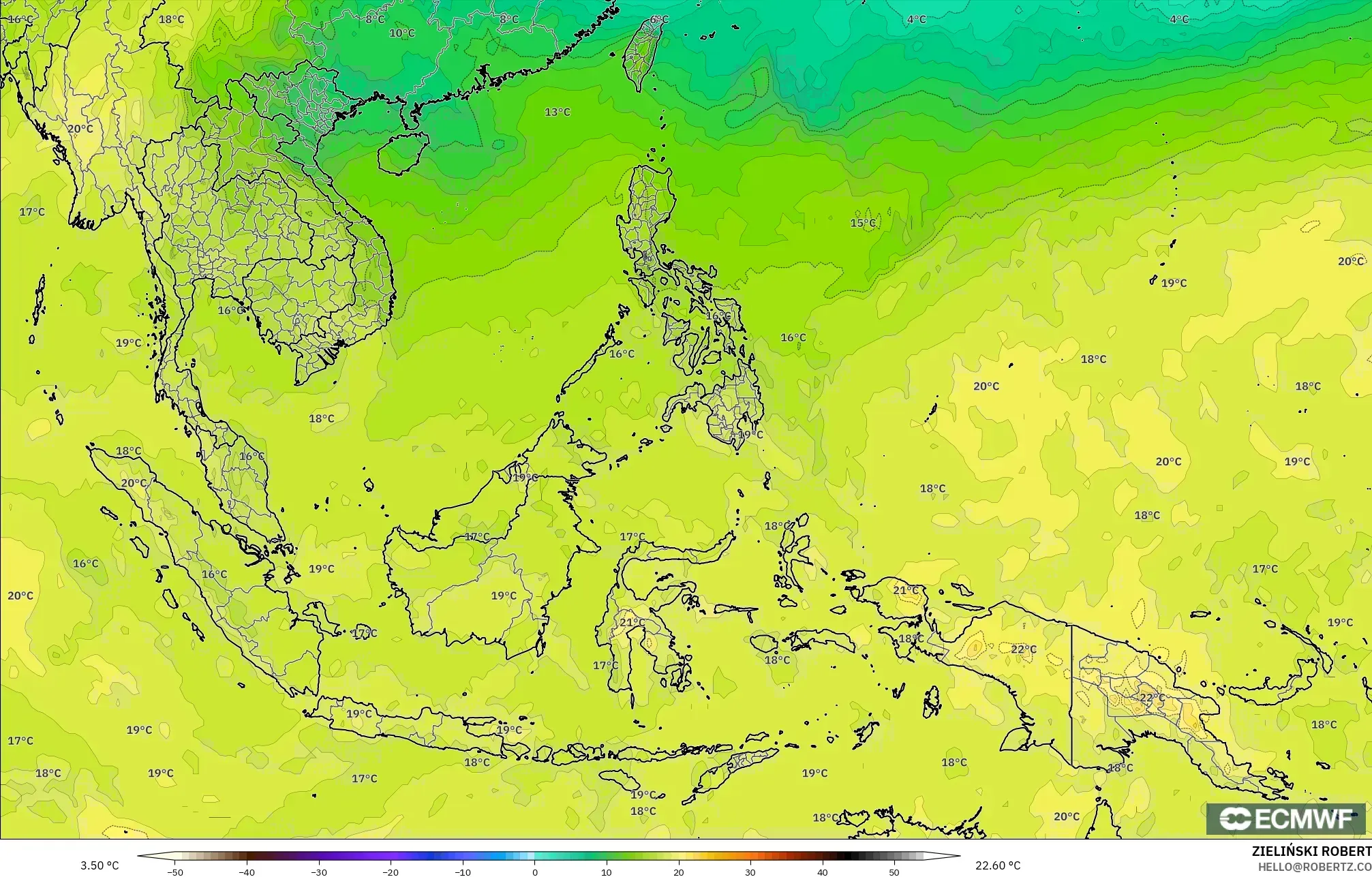 ECMWF IFS 0.25° モデル - 東南アジア, 気温（850hPa）