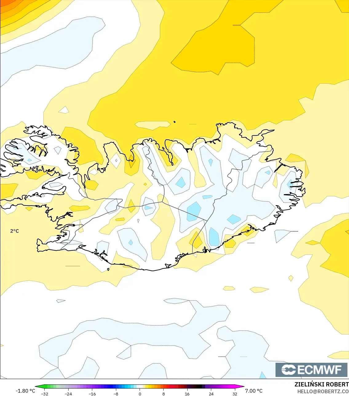 ECMWF IFS 0.25° モデル - アイスランド, 気温異常（2m）