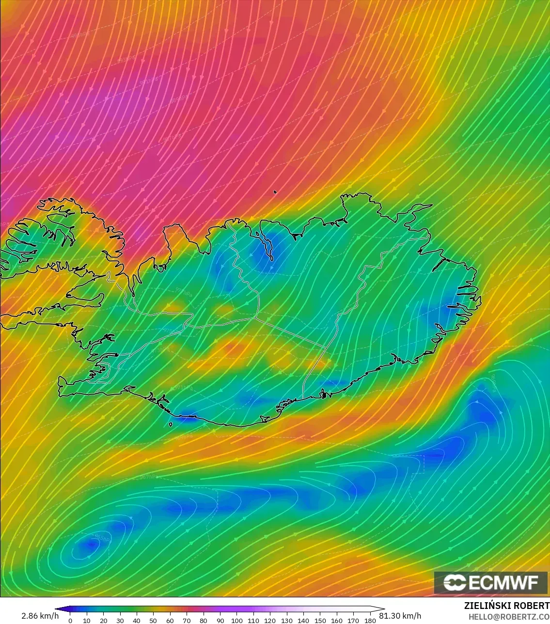 ECMWF IFS 0.25° モデル - アイスランド, 風速（10m）