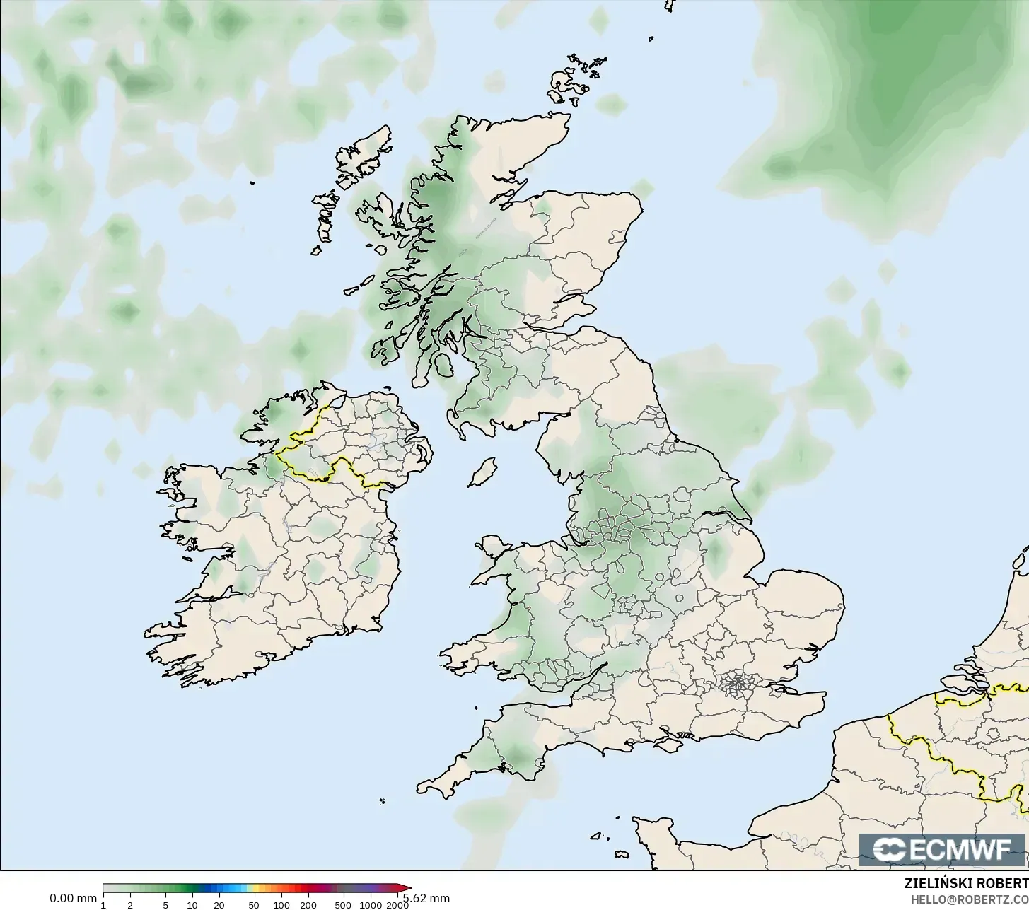 ECMWF IFS 0.25° モデル - イギリス, 降水量の合計