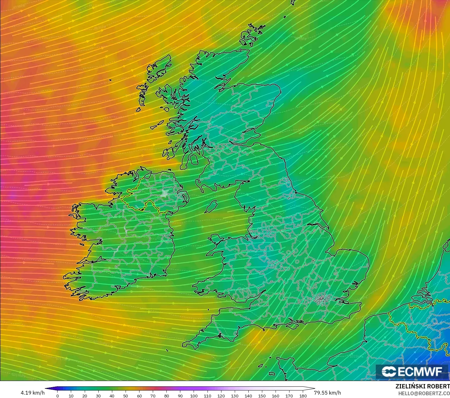 ECMWF IFS 0.25° モデル - イギリス, 風速（10m）