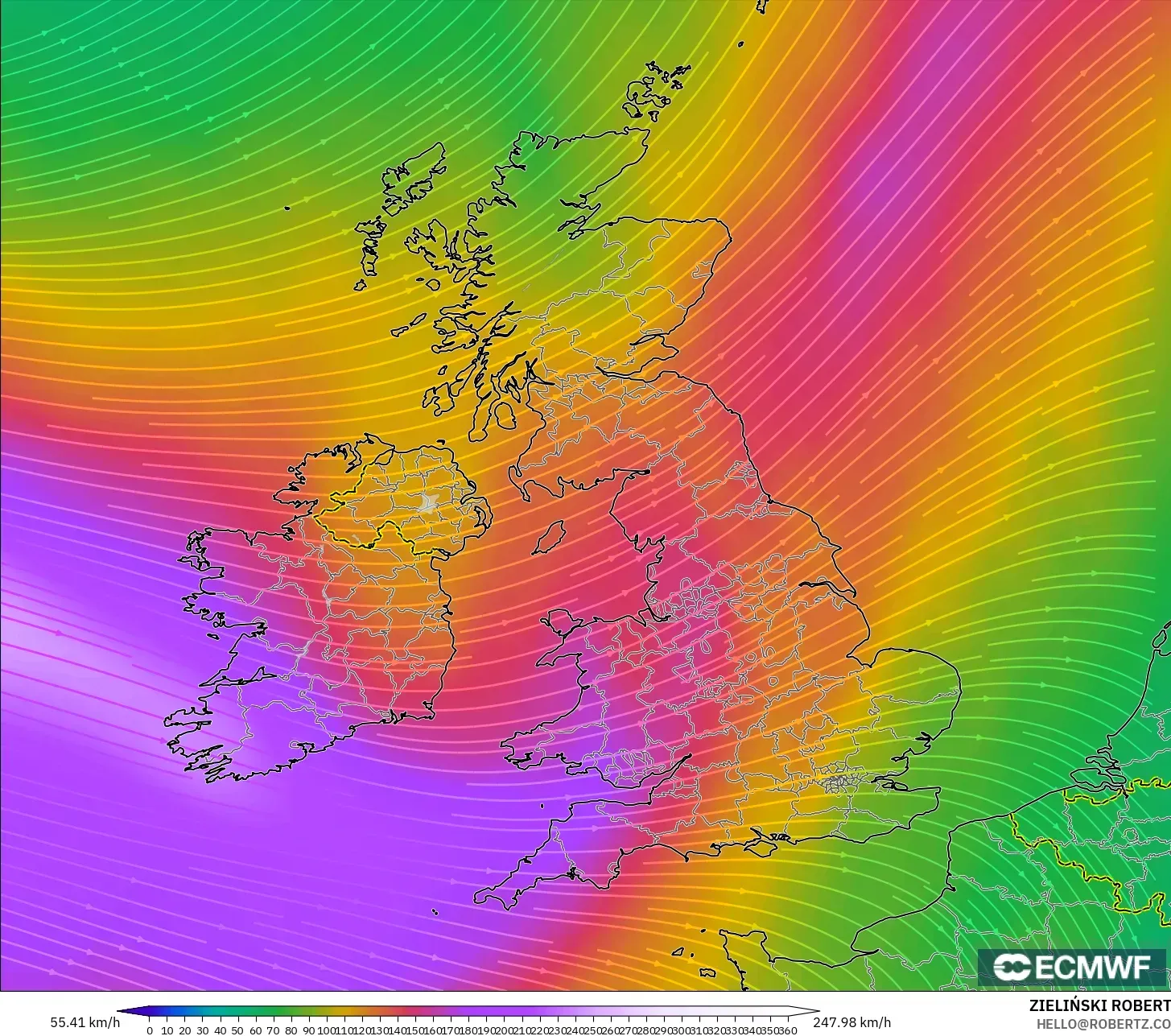 ECMWF IFS 0.25° モデル - イギリス, 風速（300hPa）