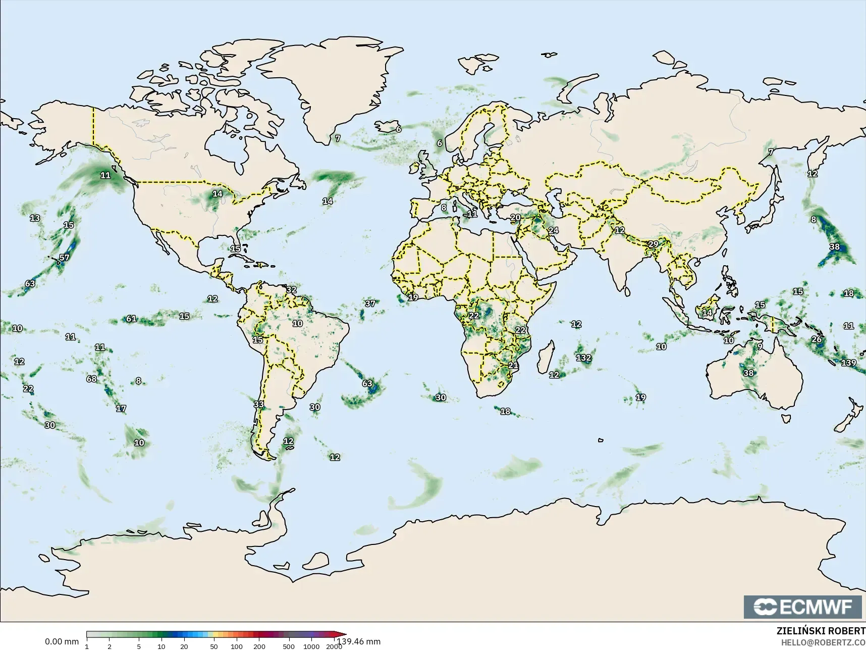 ECMWF IFS 0.25° モデル - 世界, 降水量の合計