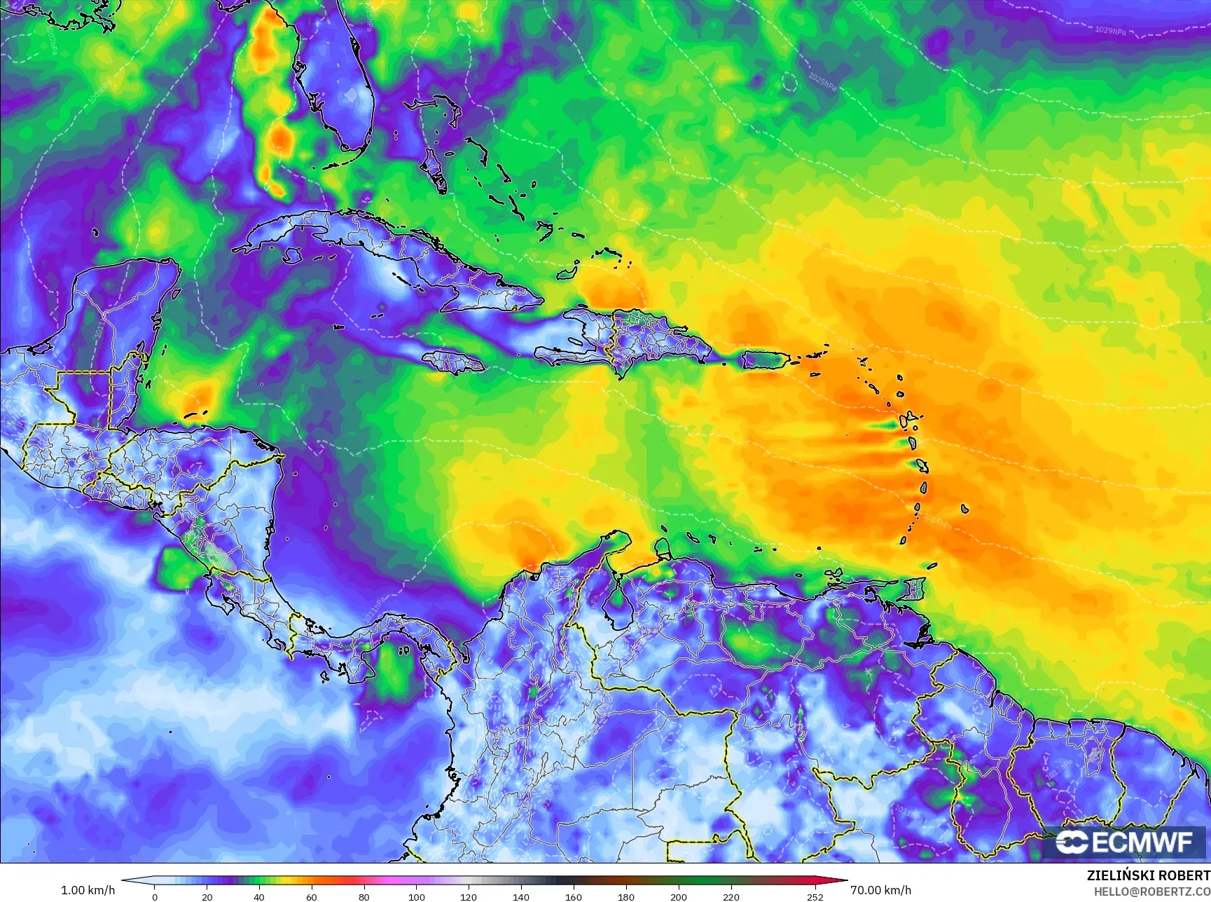 ECMWF IFS 0.25° モデル - カリブ海, 突風