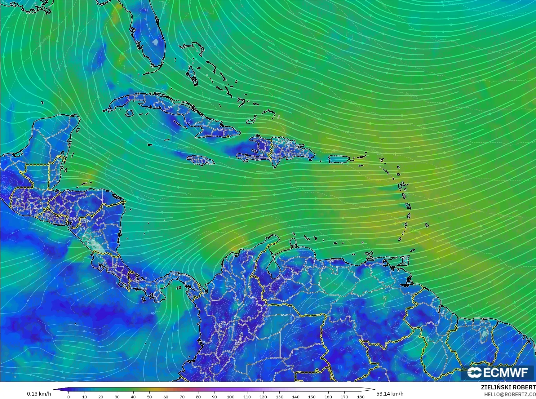 ECMWF IFS 0.25° モデル - カリブ海, 風速（10m）
