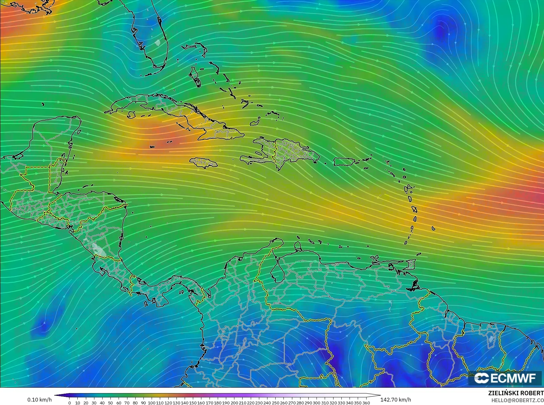 ECMWF IFS 0.25° モデル - カリブ海, 風速（300hPa）