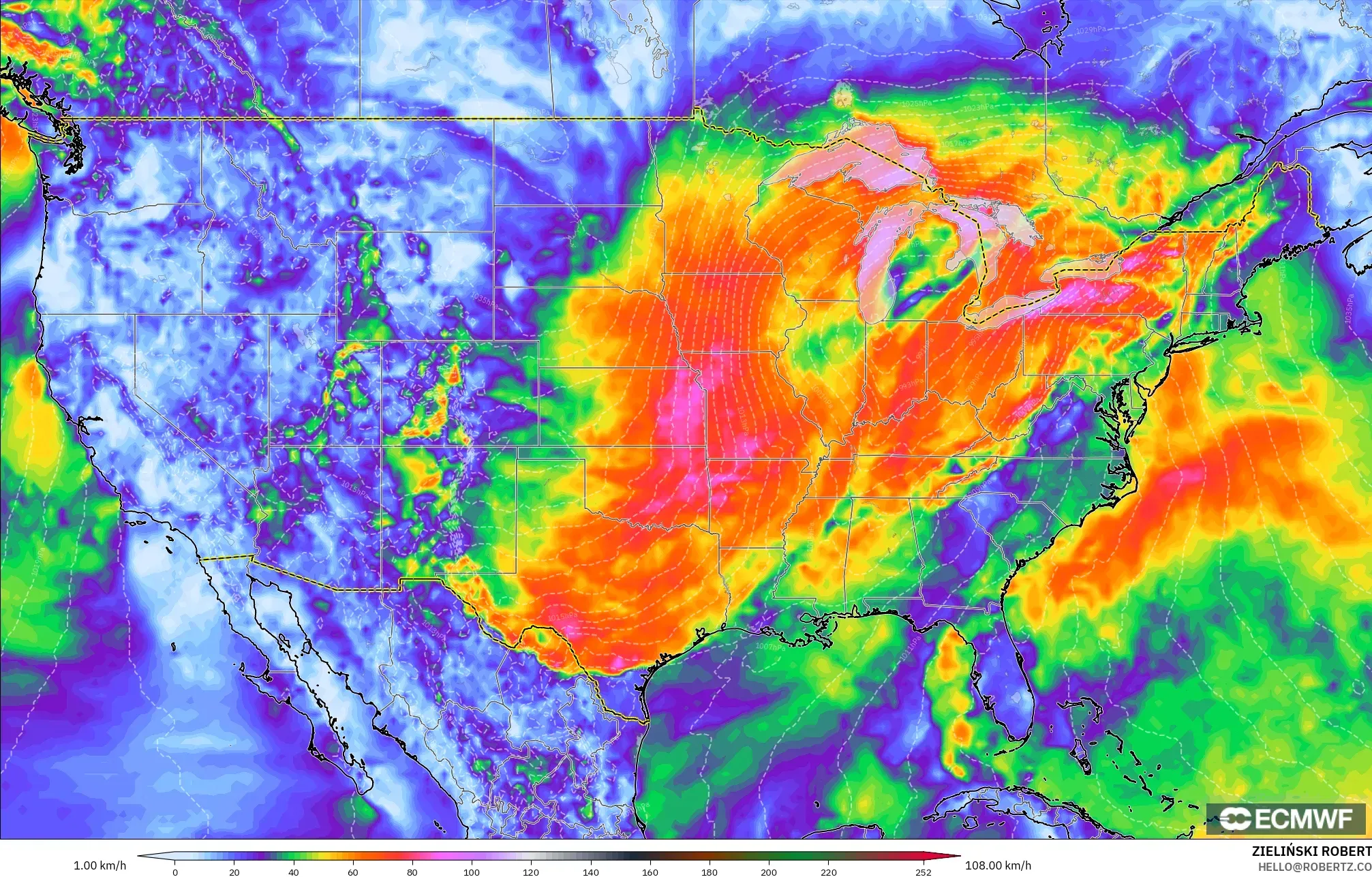 ECMWF IFS 0.25° モデル - アメリカ合衆国, 突風（最大）