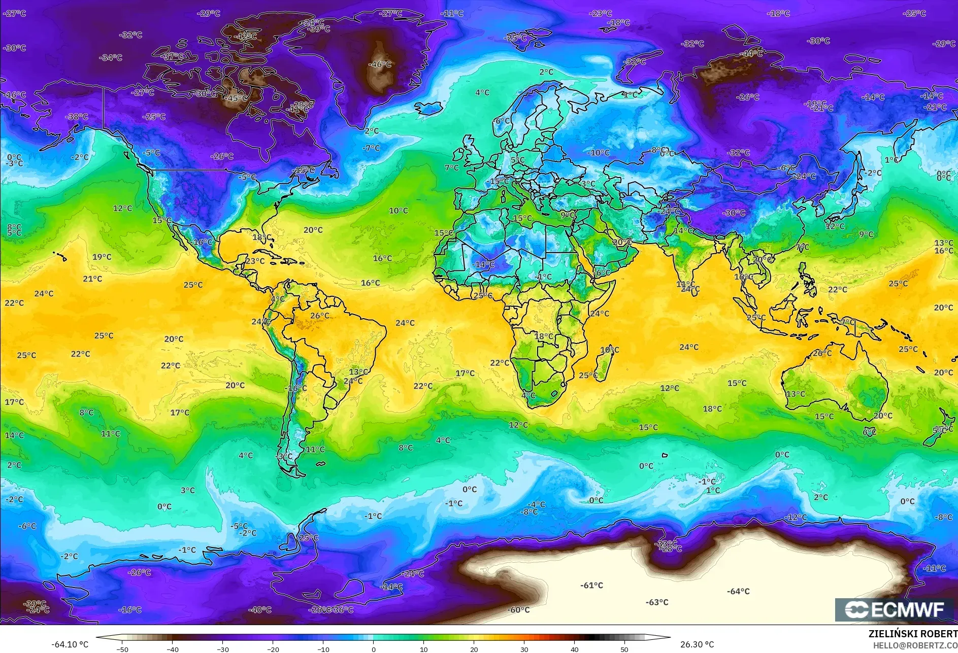 ECMWF IFS 0.25° モデル - 世界, 露点温度（2m）