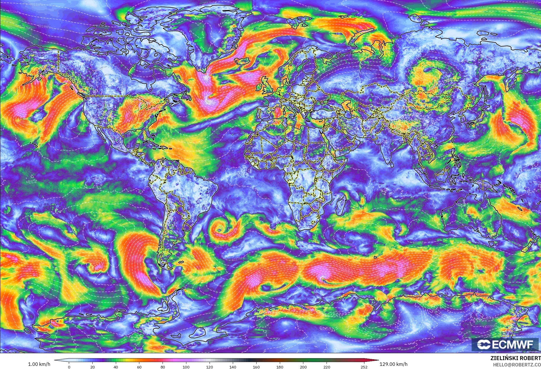 ECMWF IFS 0.25° モデル - 世界, 突風（最大）