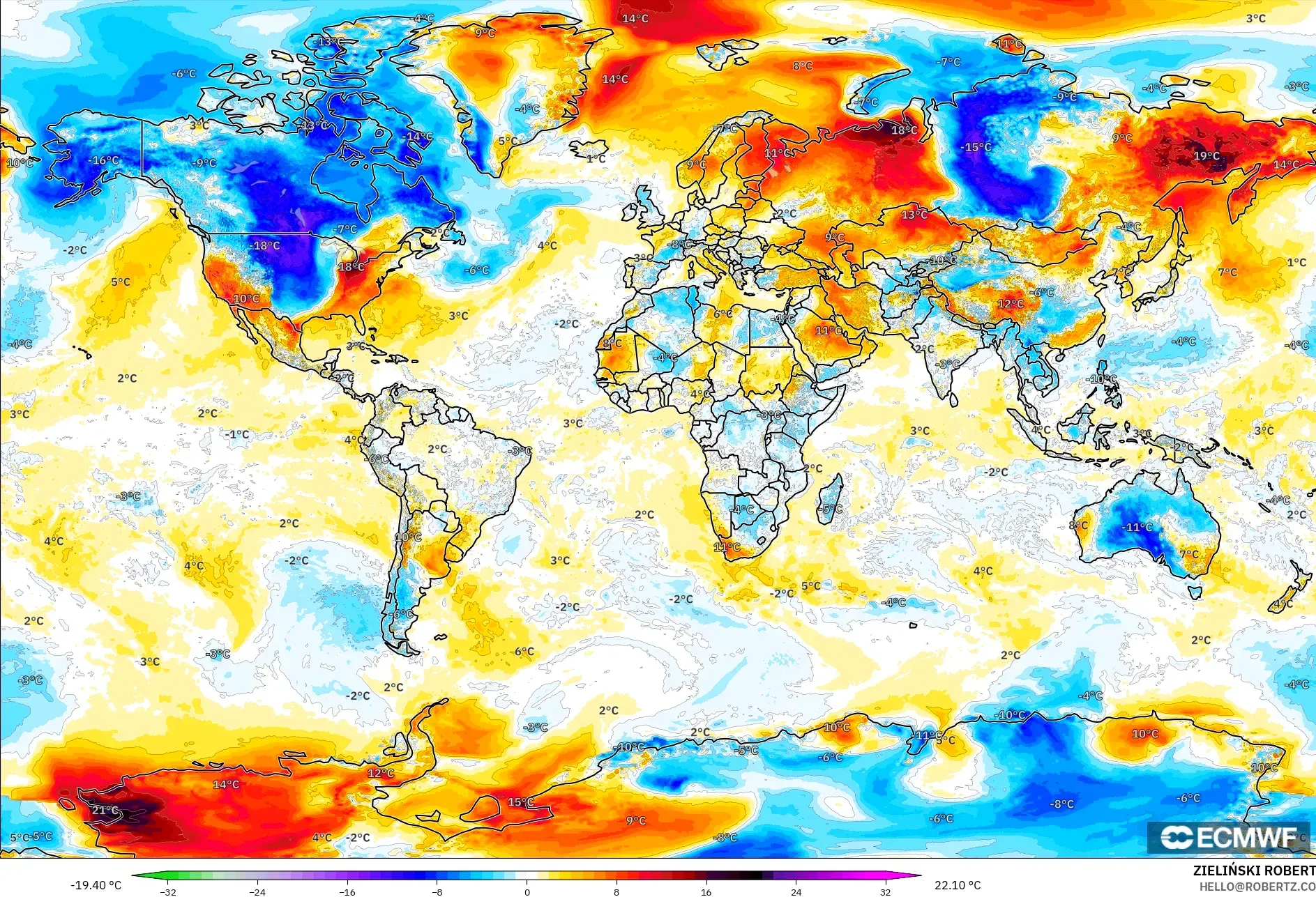 ECMWF IFS 0.25° モデル - 世界, 気温異常（2m）