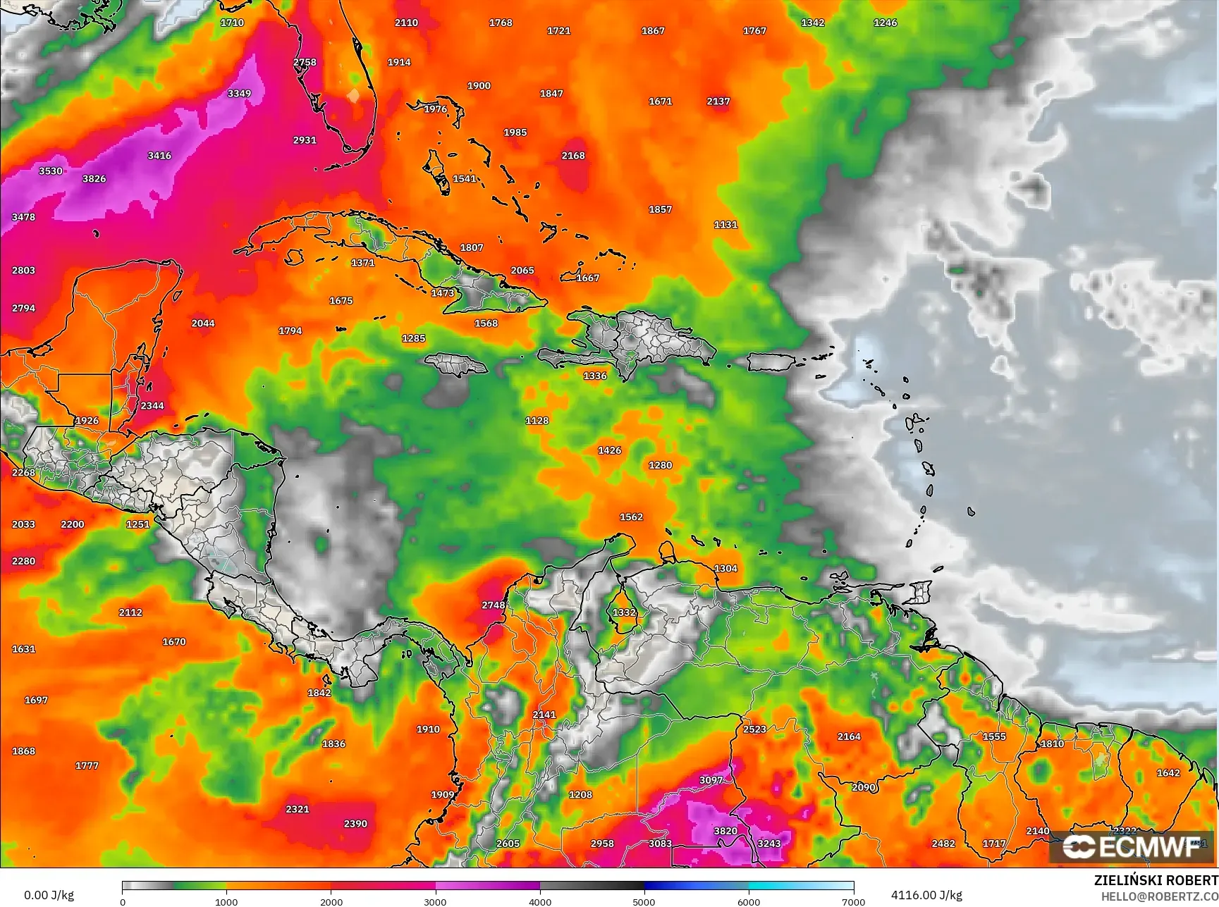 ECMWF IFS 0.25° モデル - カリブ海, CAPE