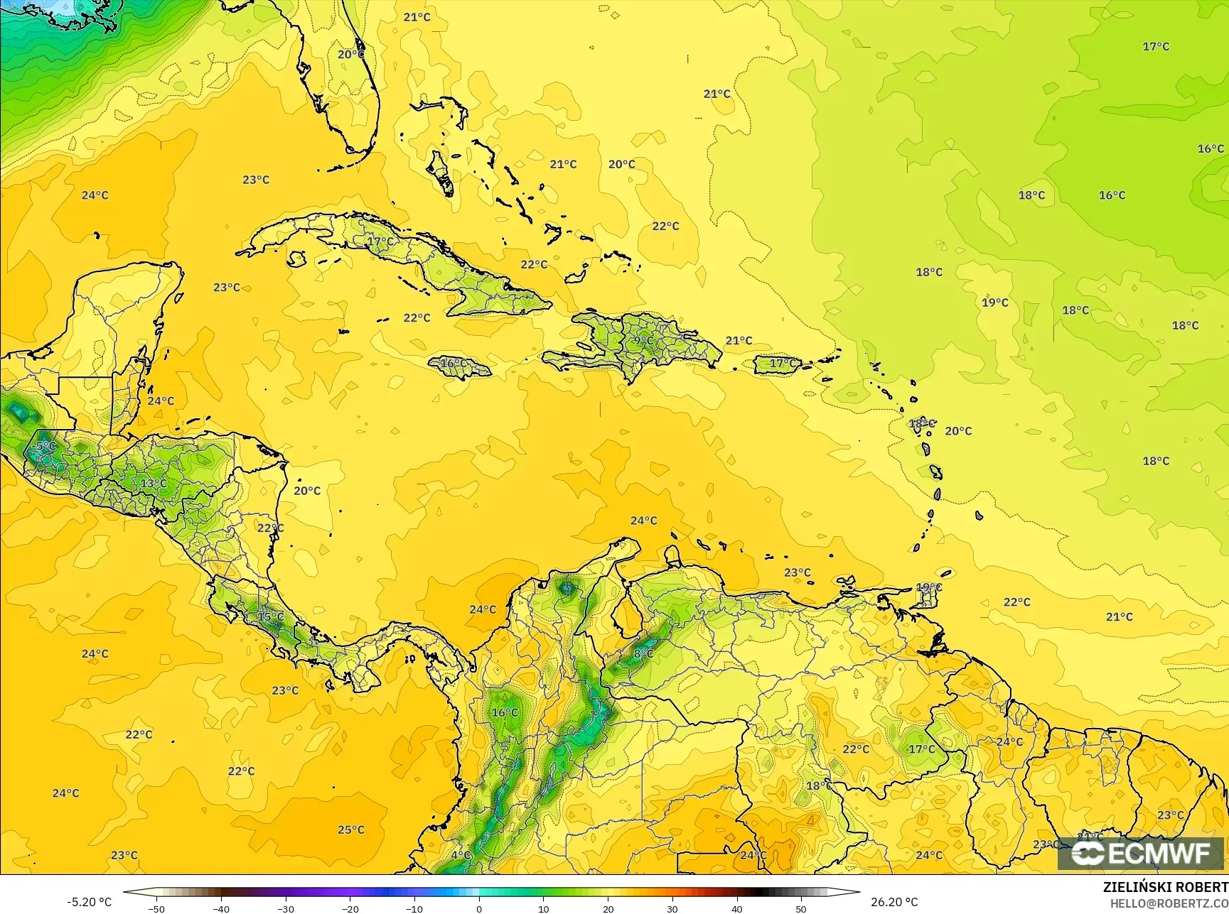ECMWF IFS 0.25° モデル - カリブ海, 露点温度（2m）