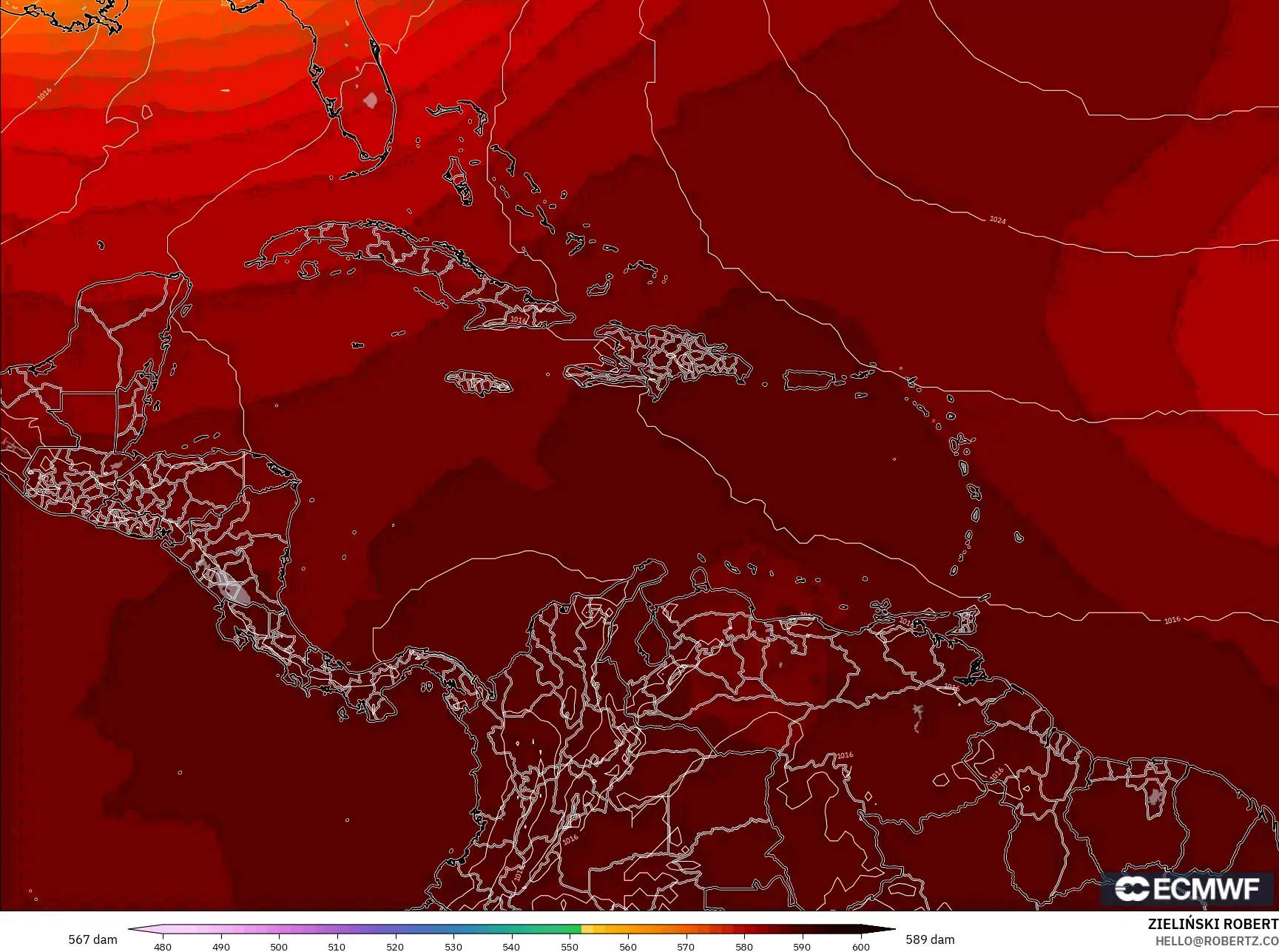 ECMWF IFS 0.25° モデル - カリブ海, 500hPaのジオポテンシャル高度