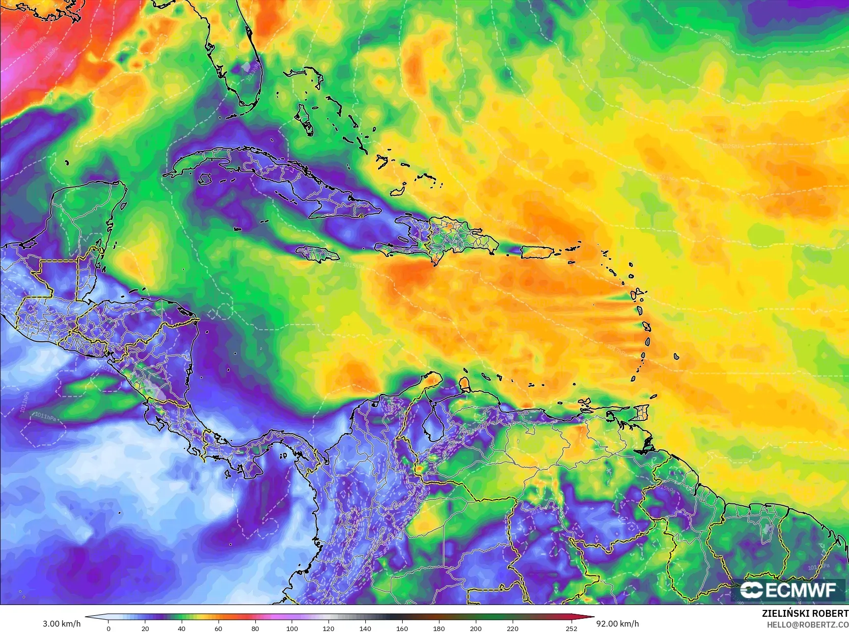 ECMWF IFS 0.25° モデル - カリブ海, 突風（最大）