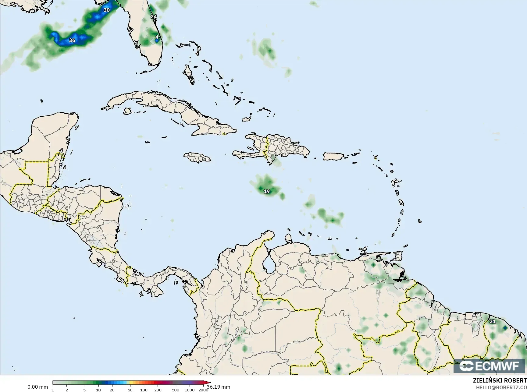 ECMWF IFS 0.25° モデル - カリブ海, 降水量の合計