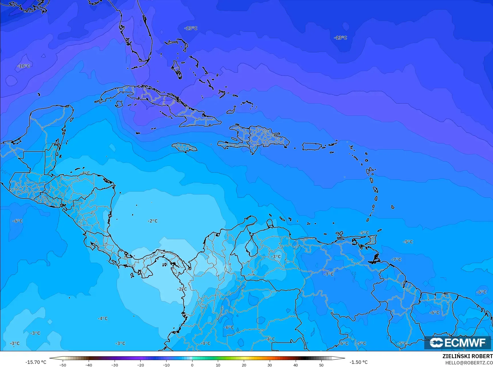 ECMWF IFS 0.25° モデル - カリブ海, 気温（500hPa）