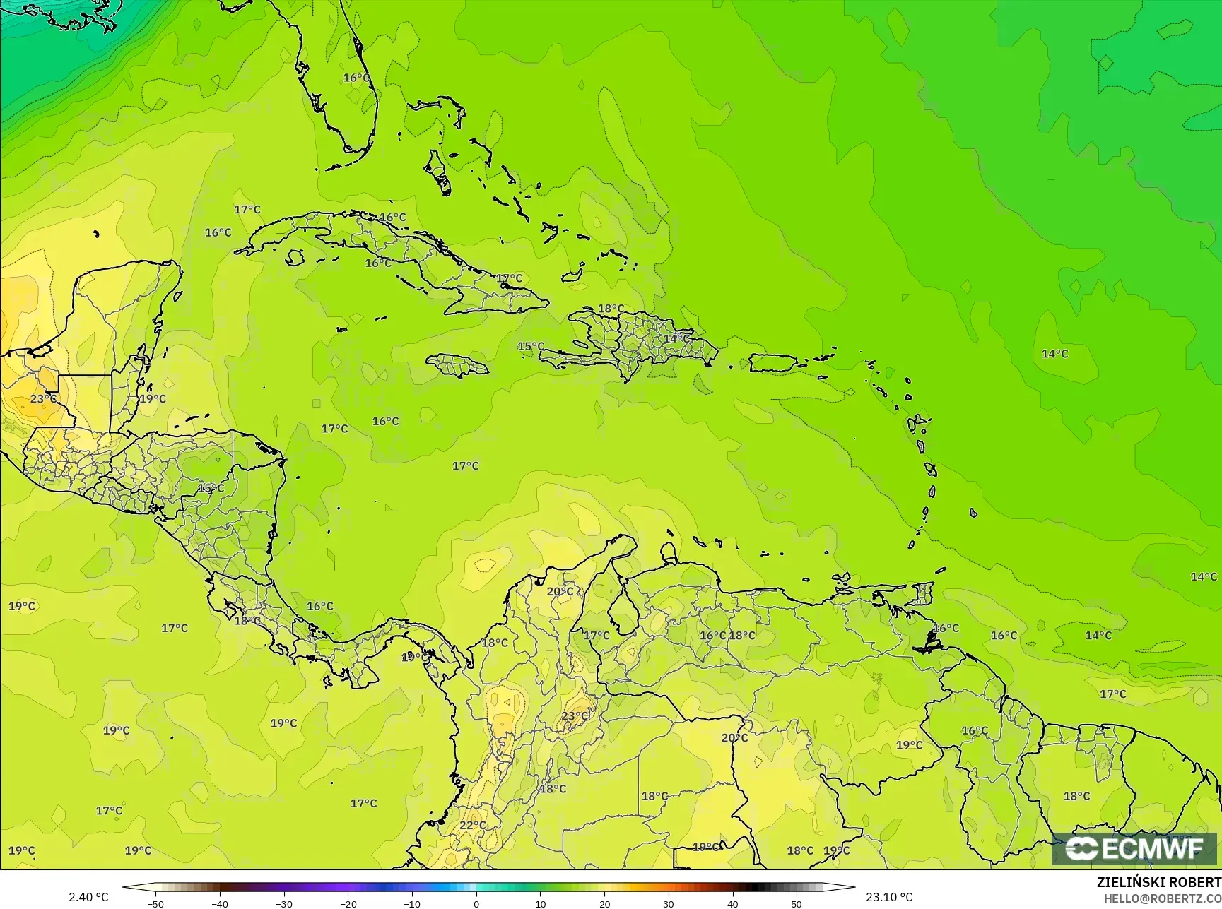 ECMWF IFS 0.25° モデル - カリブ海, 気温（850hPa）