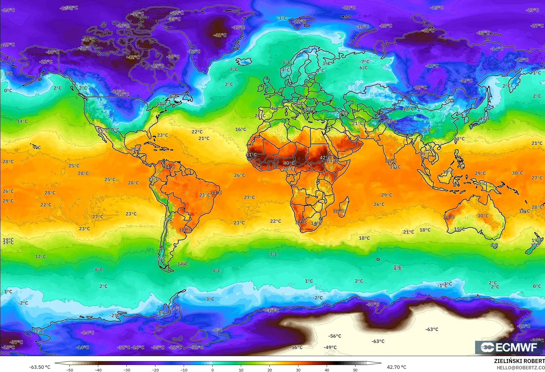 ECMWF IFS 0.25° モデル - 世界, 気温（2m）