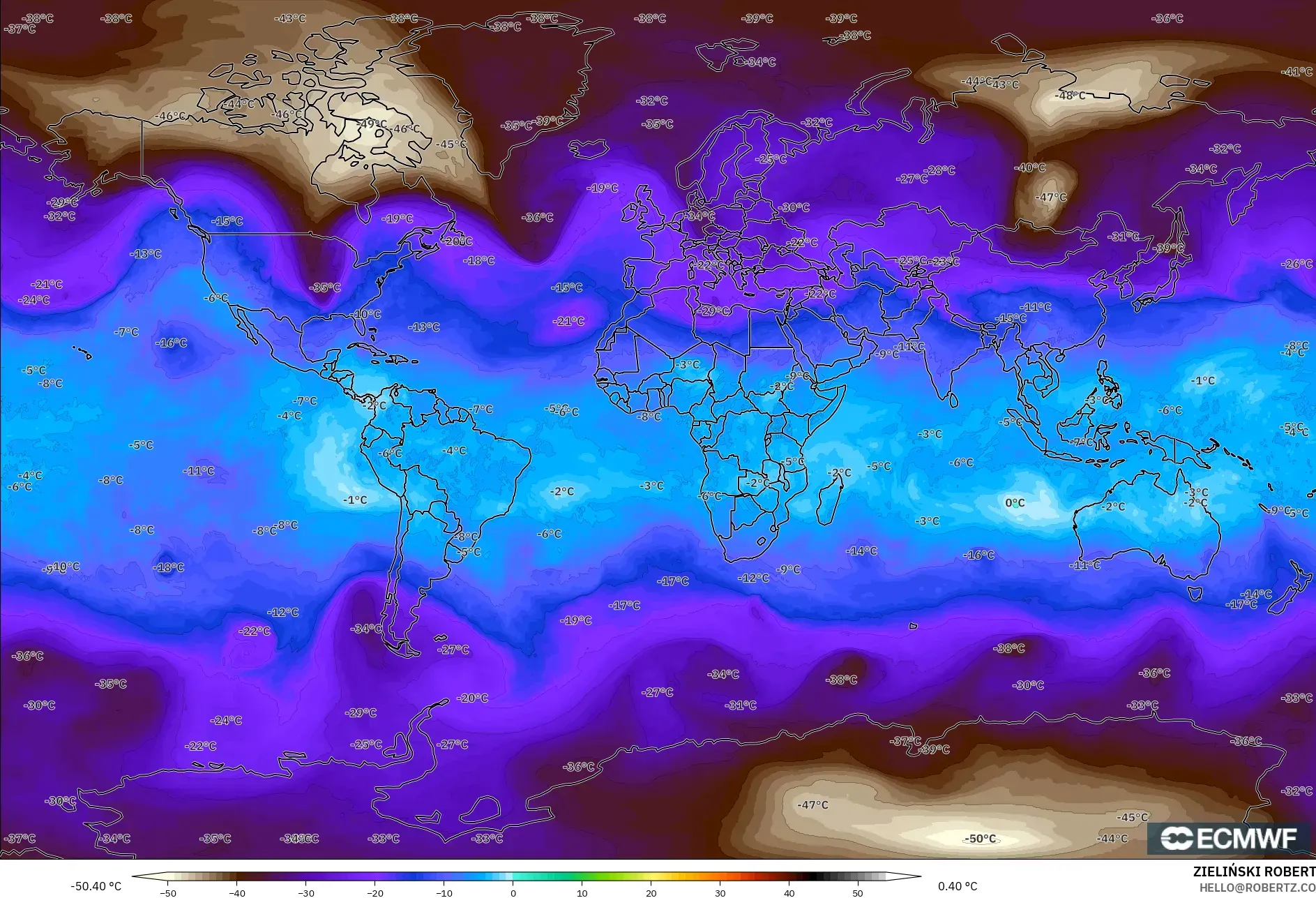 ECMWF IFS 0.25° モデル - 世界, 気温（500hPa）