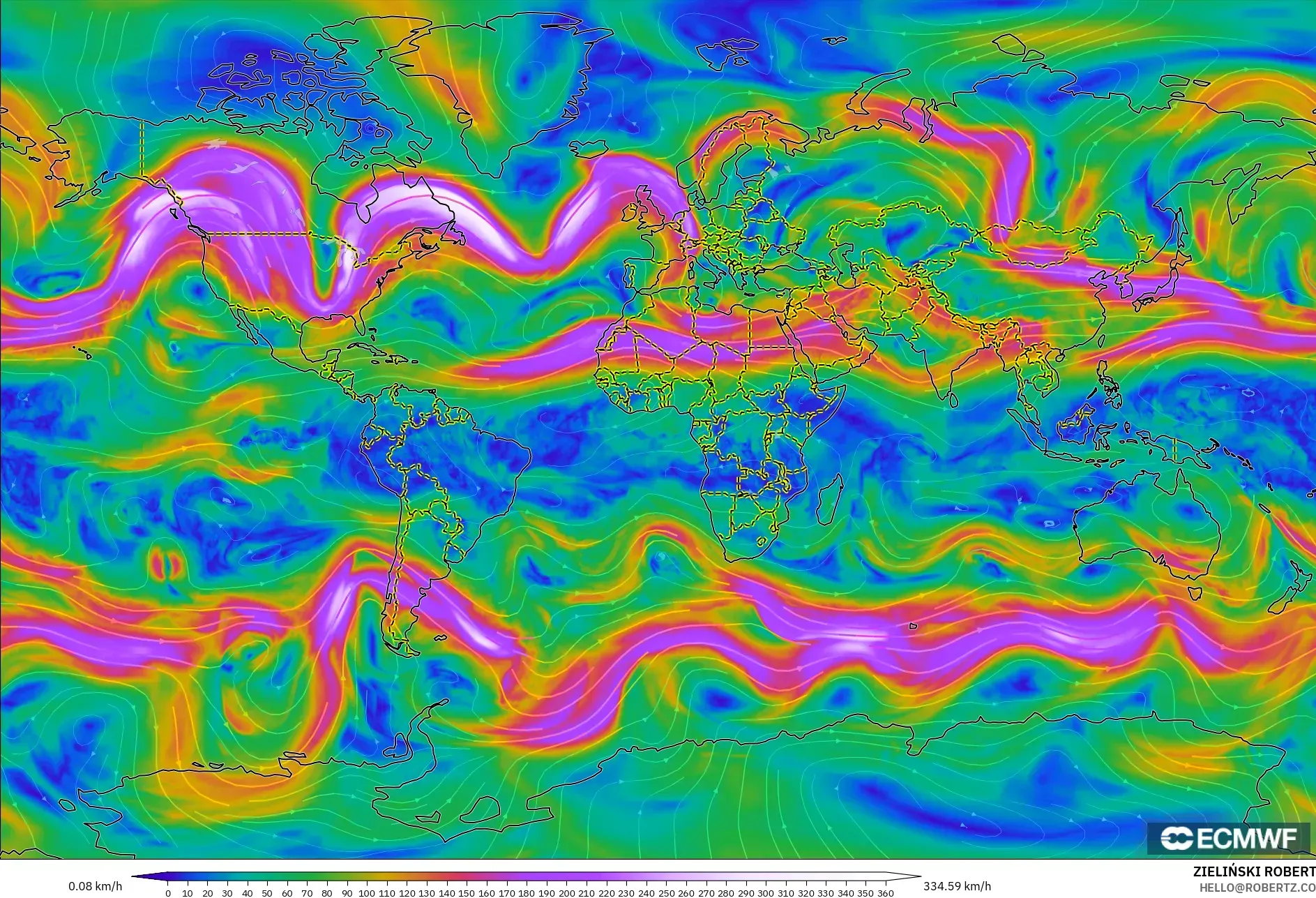 ECMWF IFS 0.25° モデル - 世界, 風速（300hPa）