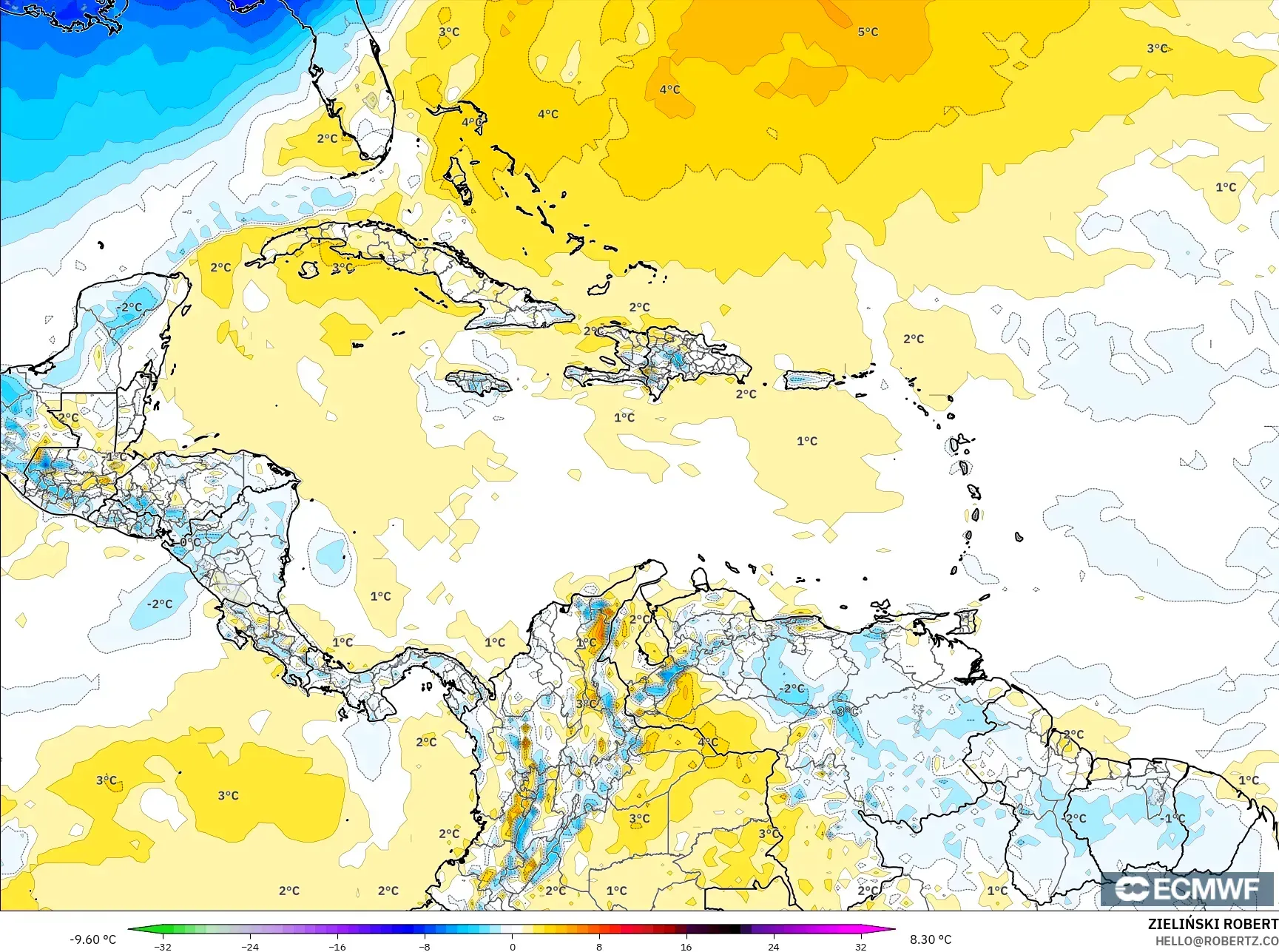 ECMWF IFS 0.25° モデル - カリブ海, 気温異常（2m）