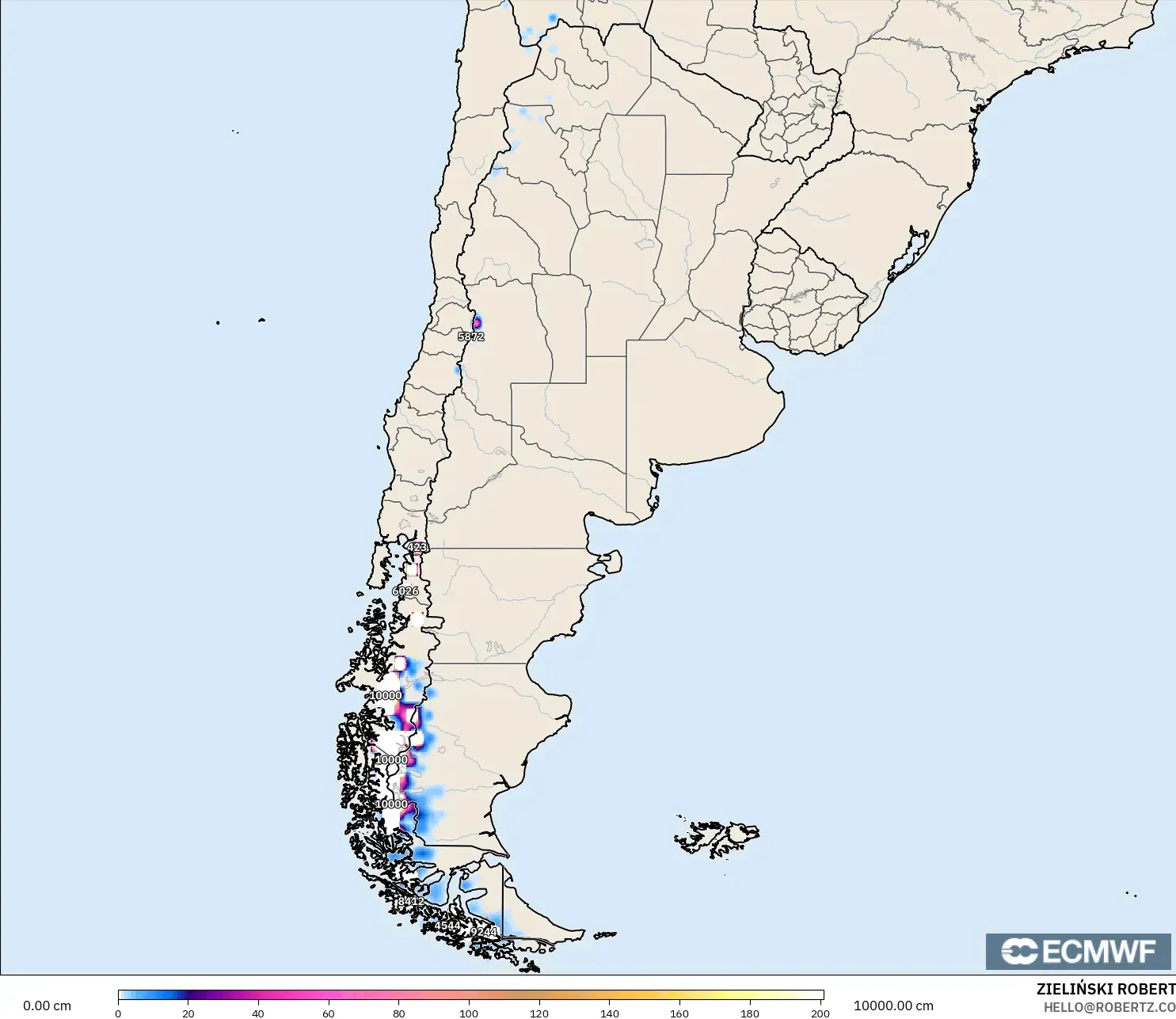 ECMWF IFS 0.25° モデル - アルゼンチン, 積雪深