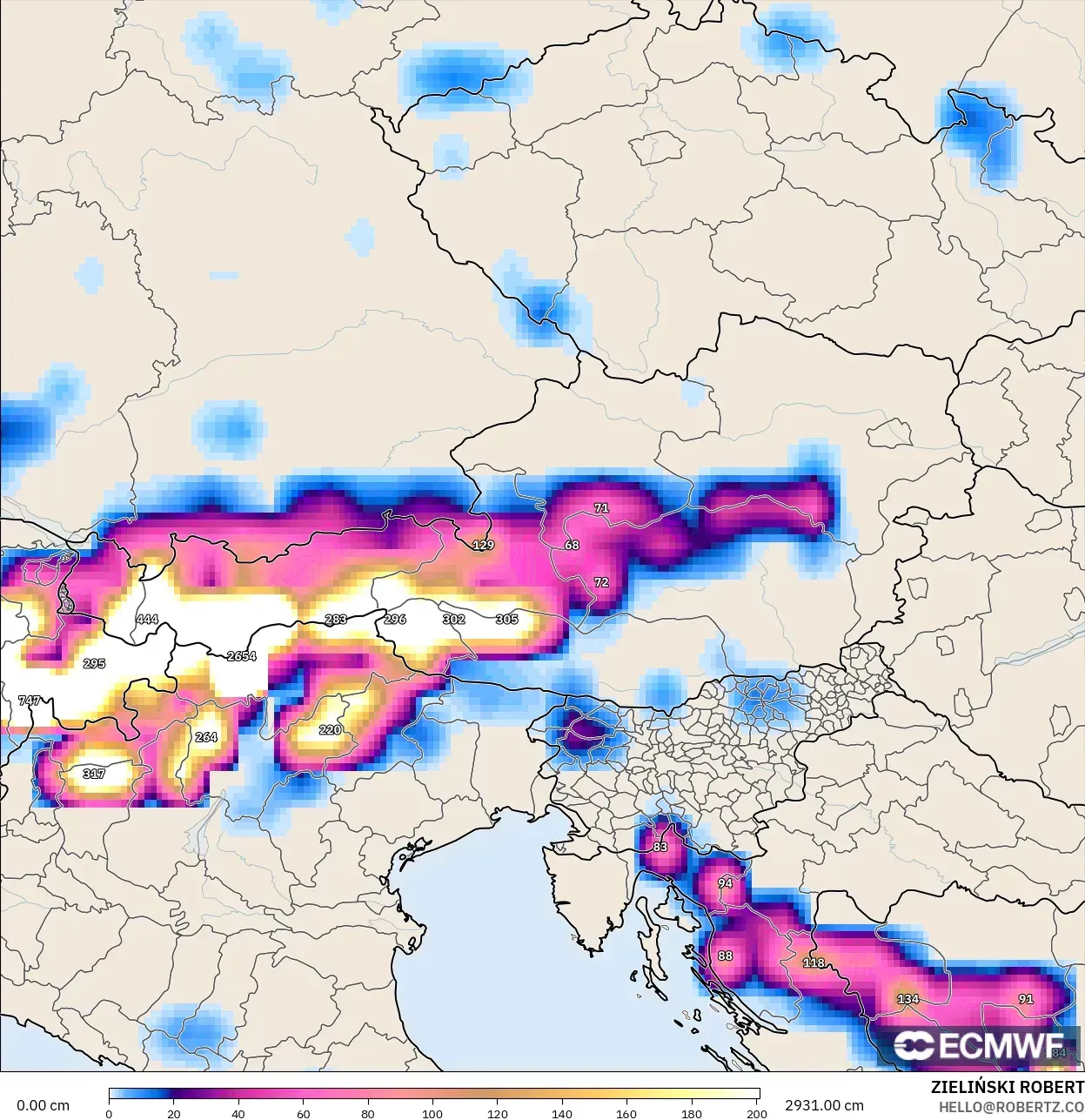 ECMWF IFS 0.25° モデル - オーストリア, 積雪深