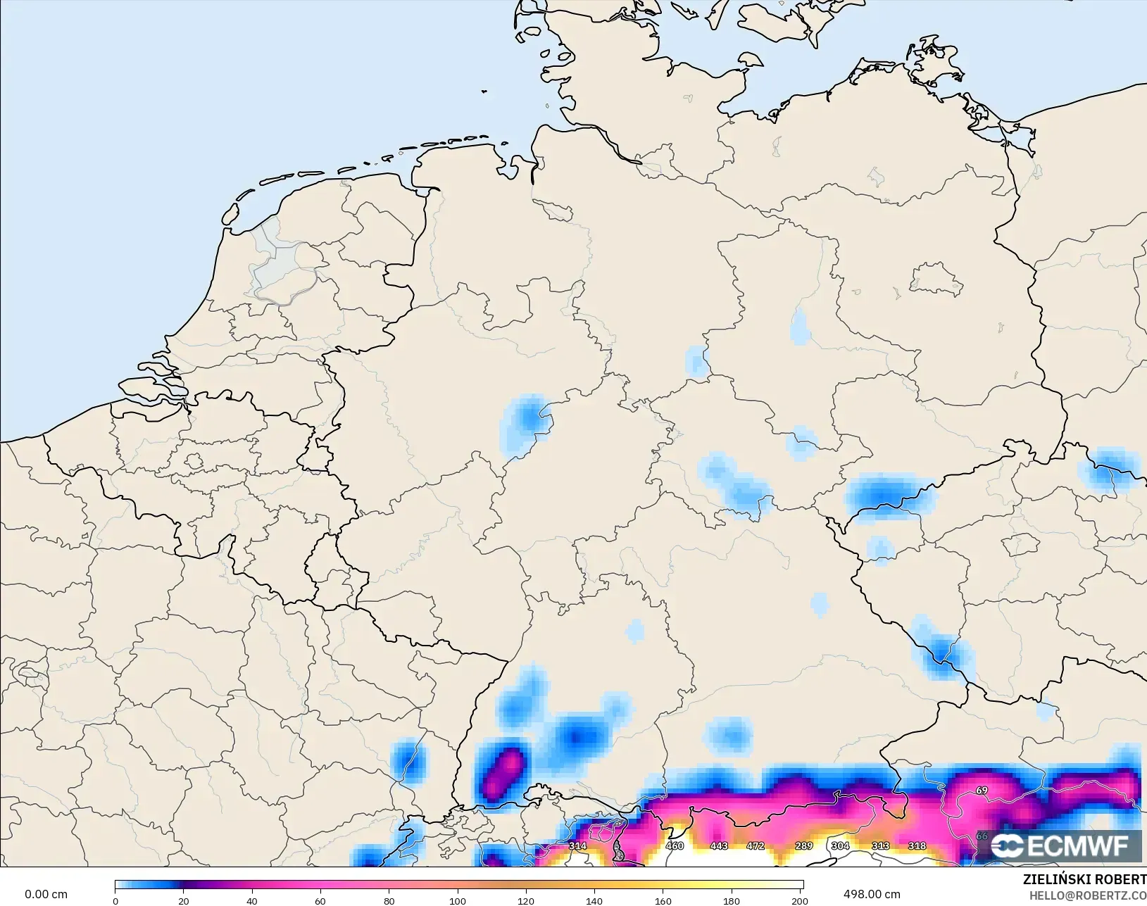 ECMWF IFS 0.25° モデル - ドイツ, 積雪深
