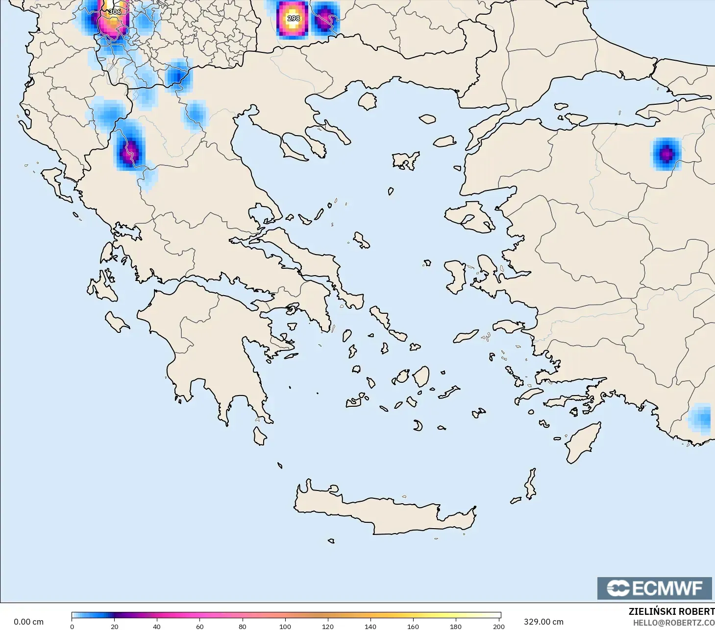 ECMWF IFS 0.25° モデル - ギリシャ, 積雪深