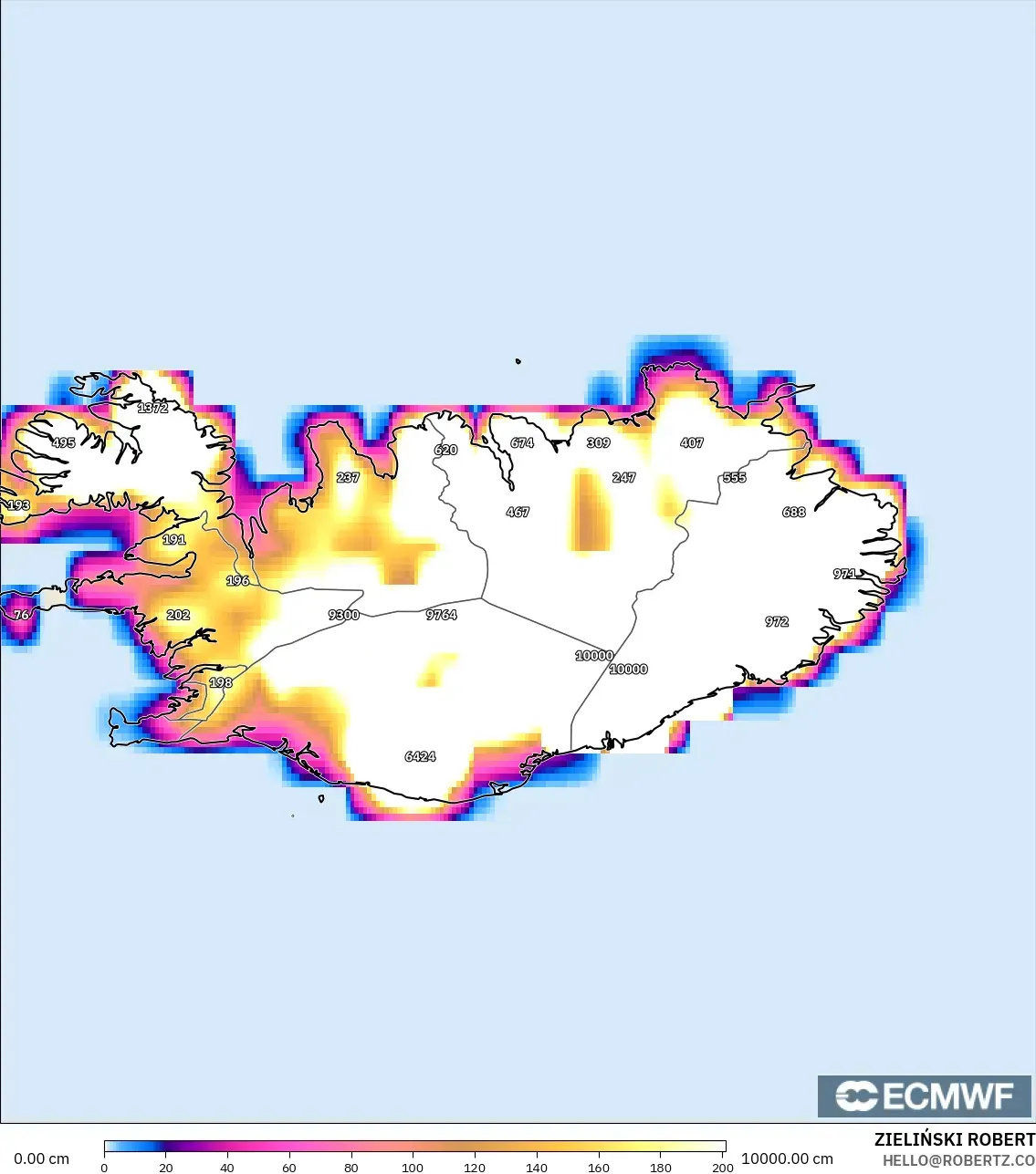ECMWF IFS 0.25° モデル - アイスランド, 積雪深