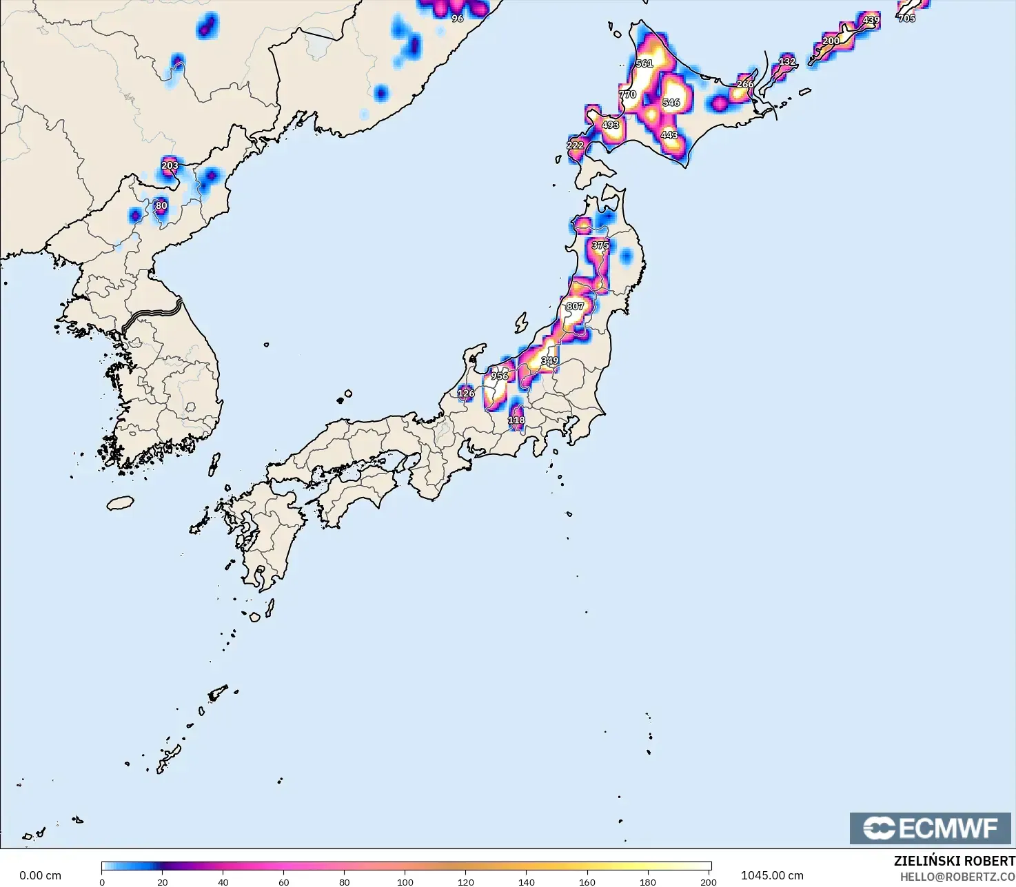ECMWF IFS 0.25° モデル - 日本, 積雪深