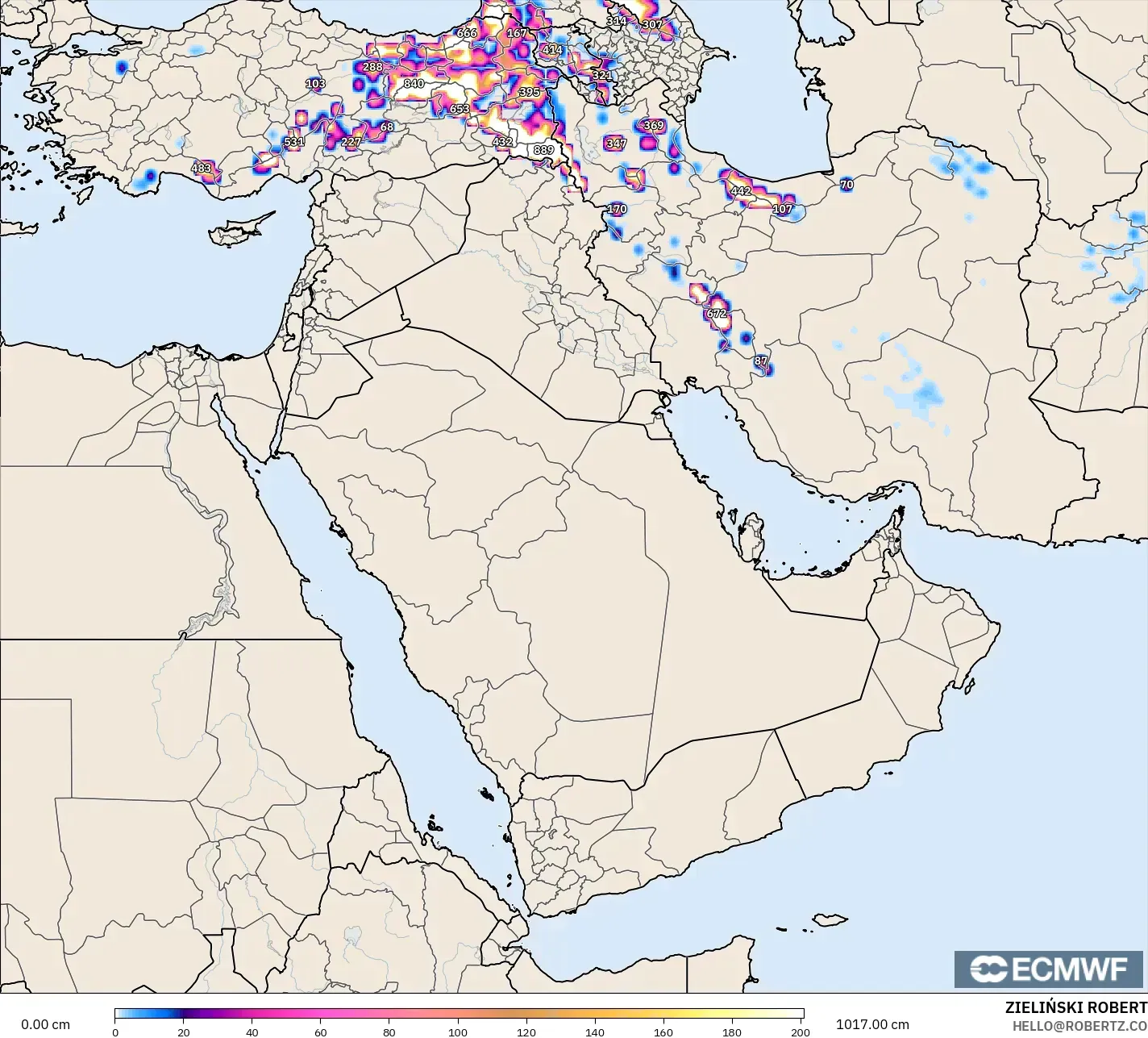 ECMWF IFS 0.25° モデル - 中東, 積雪深