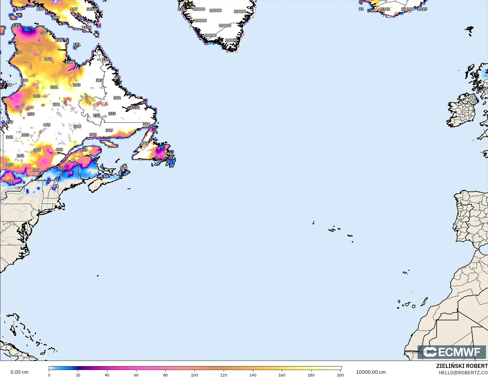 ECMWF IFS 0.25° モデル - 北大西洋, 積雪深