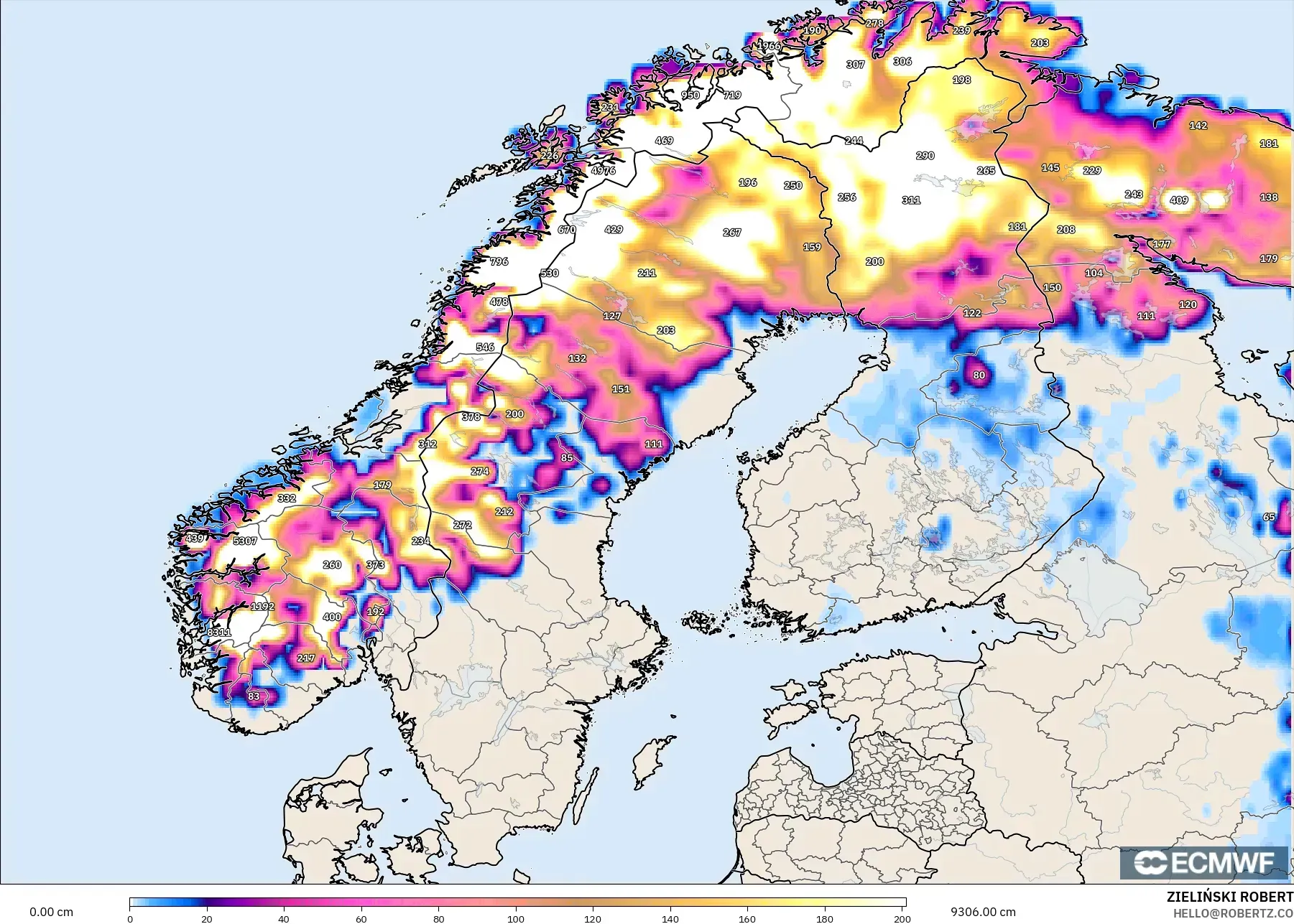 ECMWF IFS 0.25° モデル - スカンジナビア, 積雪深