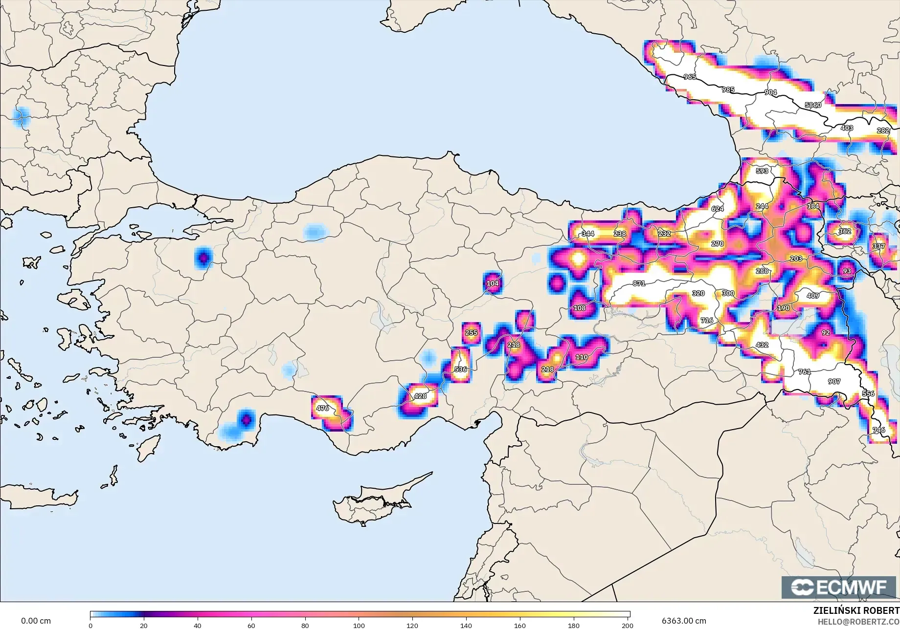ECMWF IFS 0.25° モデル - トルコ, 積雪深