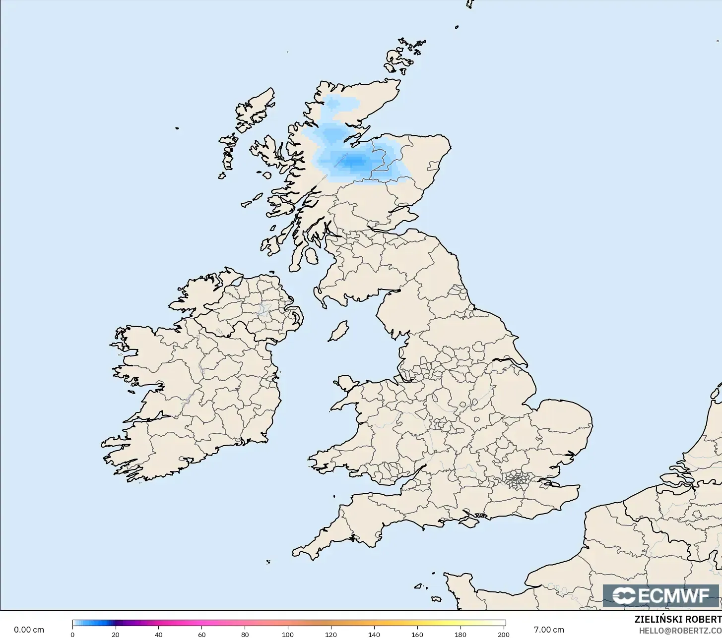 ECMWF IFS 0.25° モデル - イギリス, 積雪深