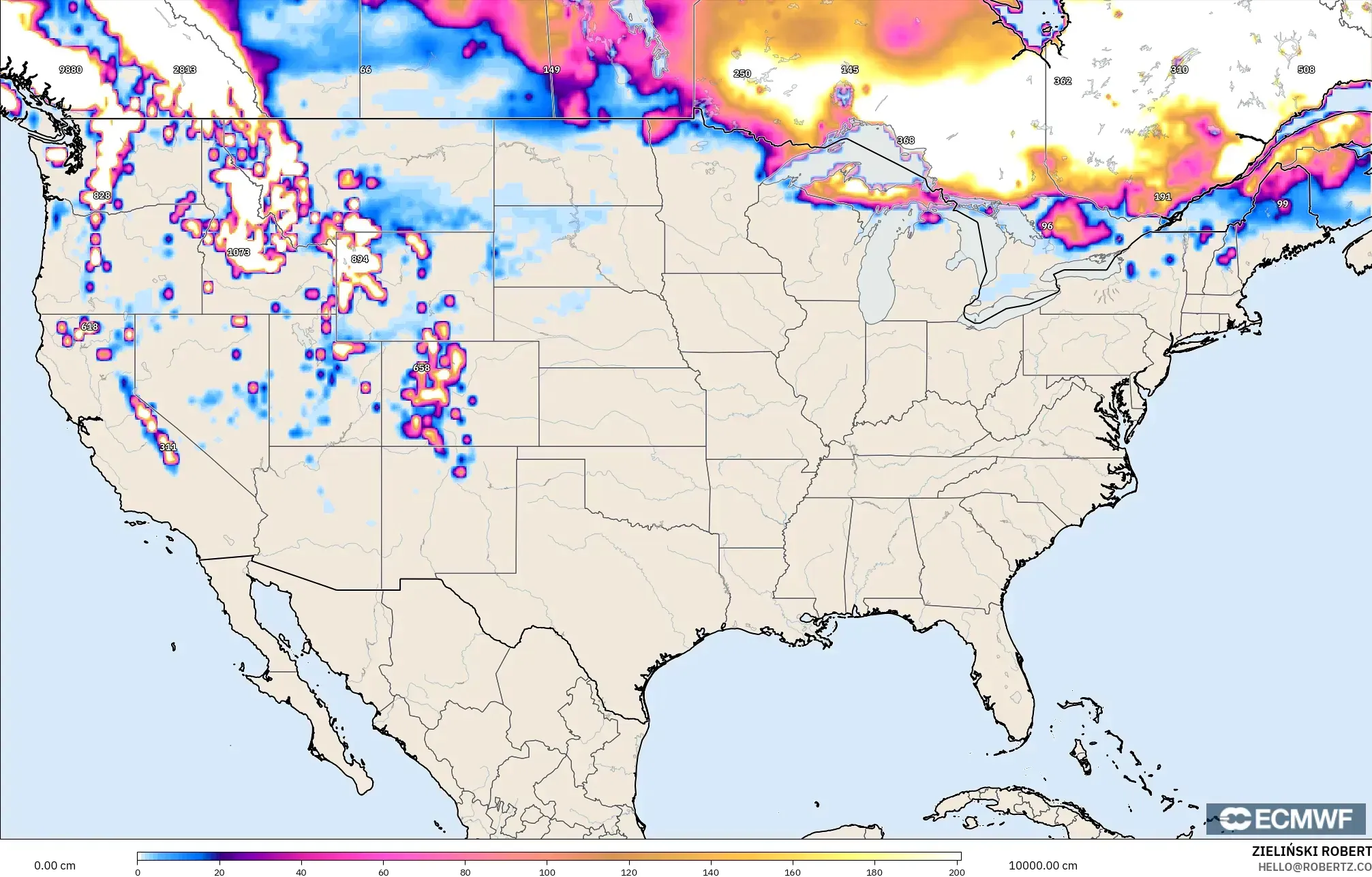 ECMWF IFS 0.25° モデル - アメリカ合衆国, 積雪深