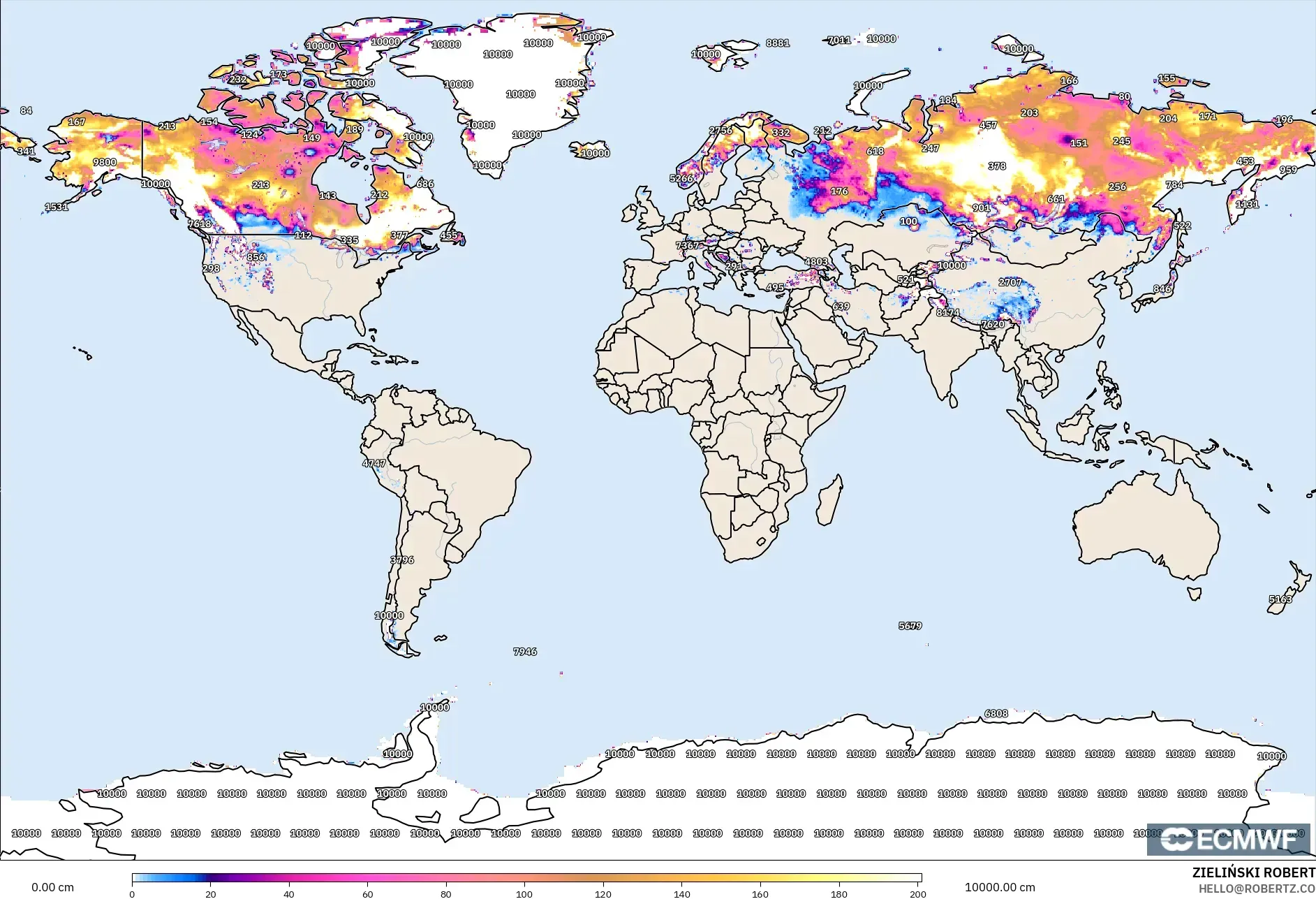ECMWF IFS 0.25° モデル - 世界, 積雪深