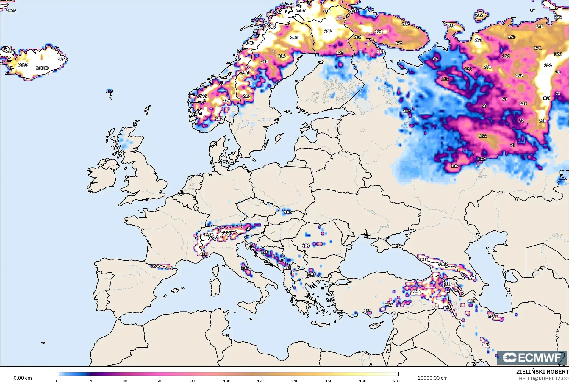 ECMWF IFS 0.25° モデル - ヨーロッパ, 積雪深