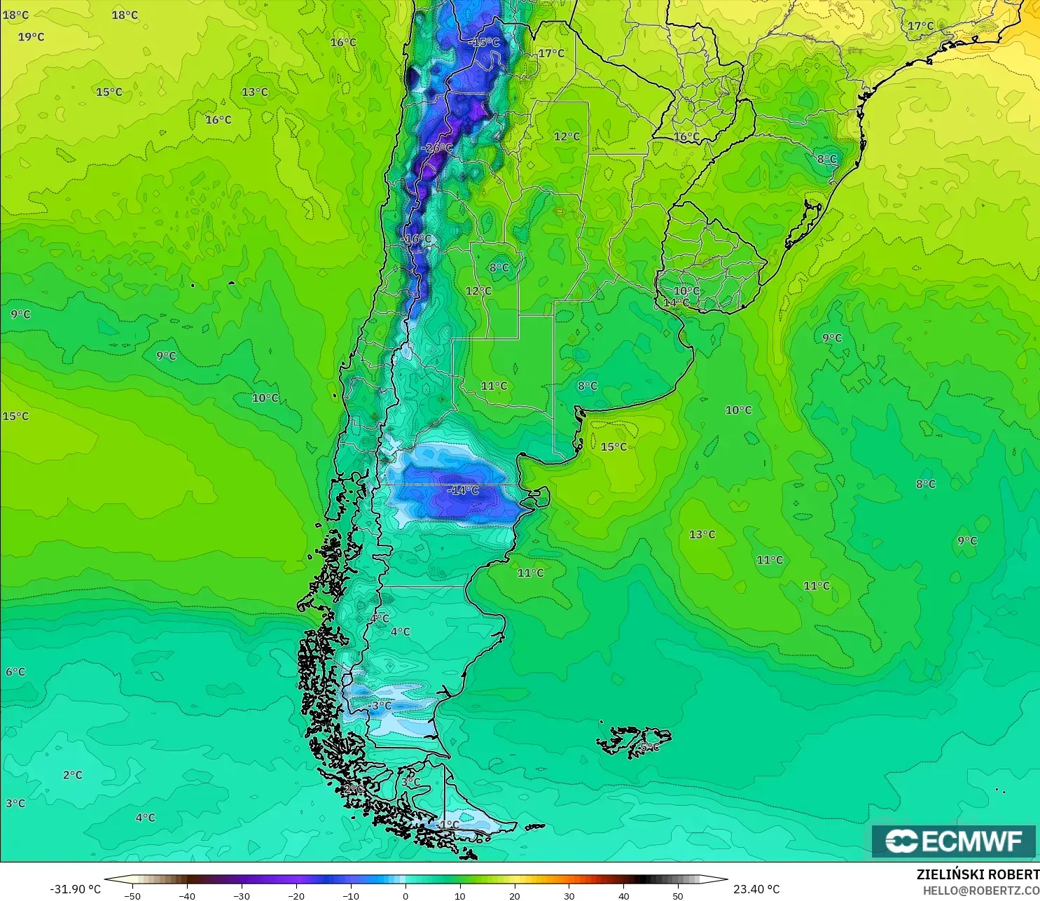 ECMWF IFS 0.25° モデル - アルゼンチン, 露点温度（2m）
