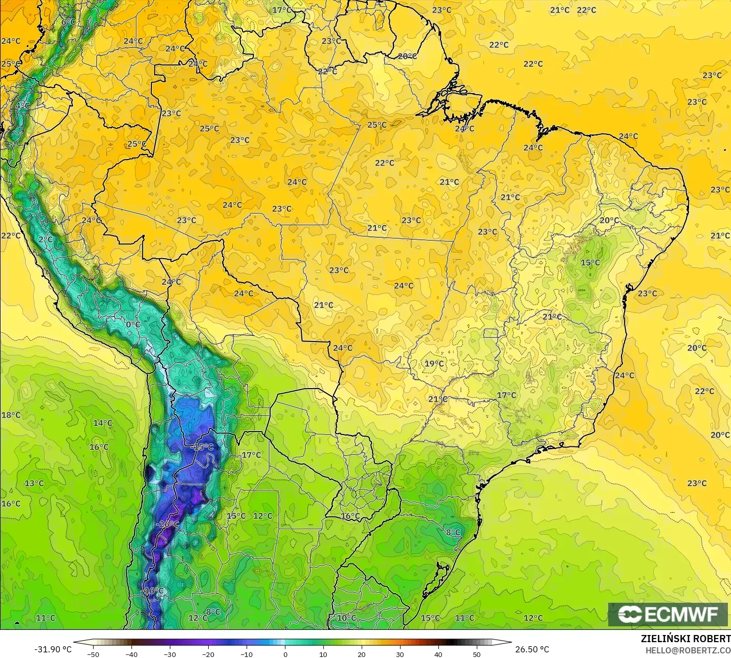 ECMWF IFS 0.25° モデル - ブラジル, 露点温度（2m）