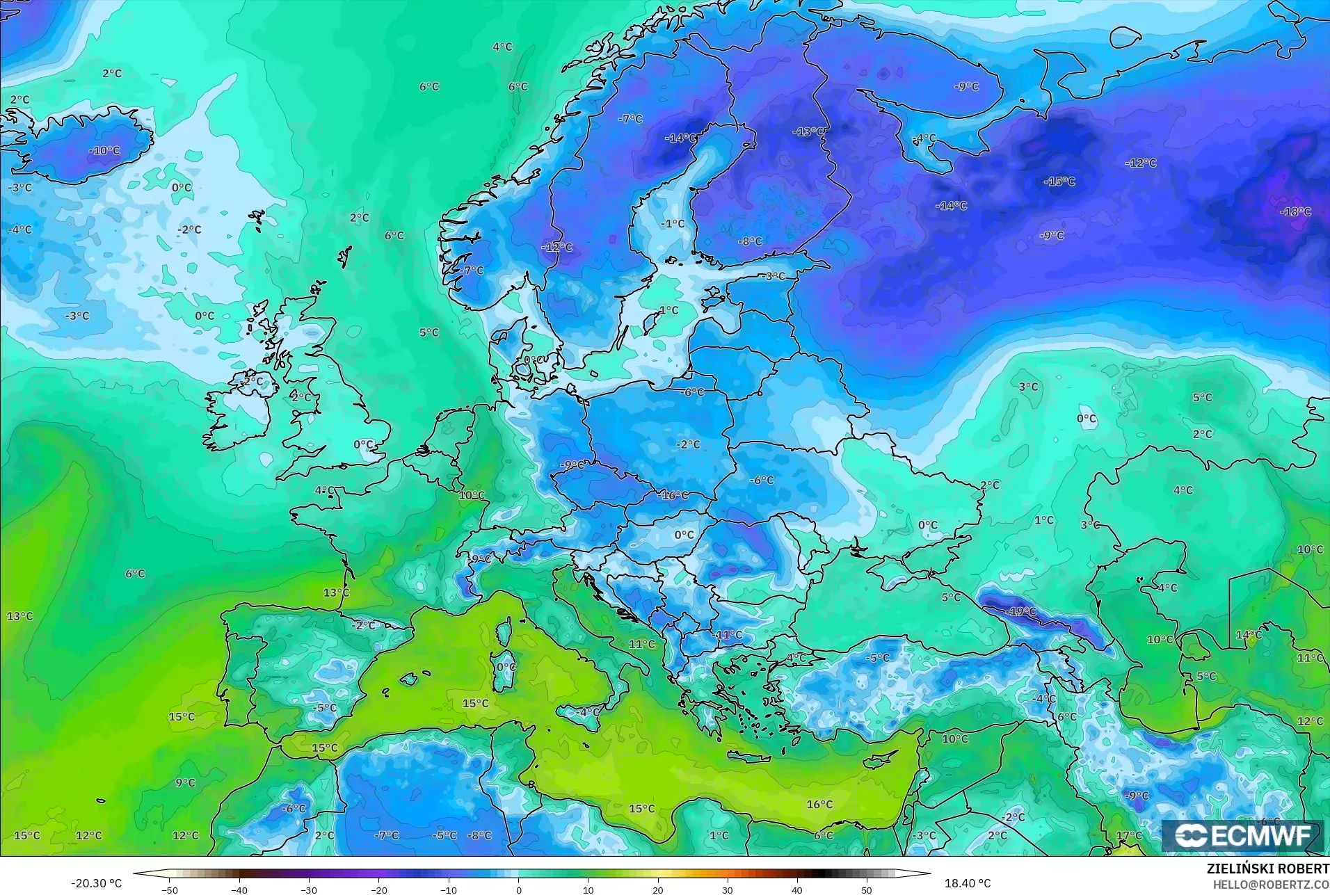 ECMWF IFS 0.25° モデル - ヨーロッパ, 露点温度（2m）