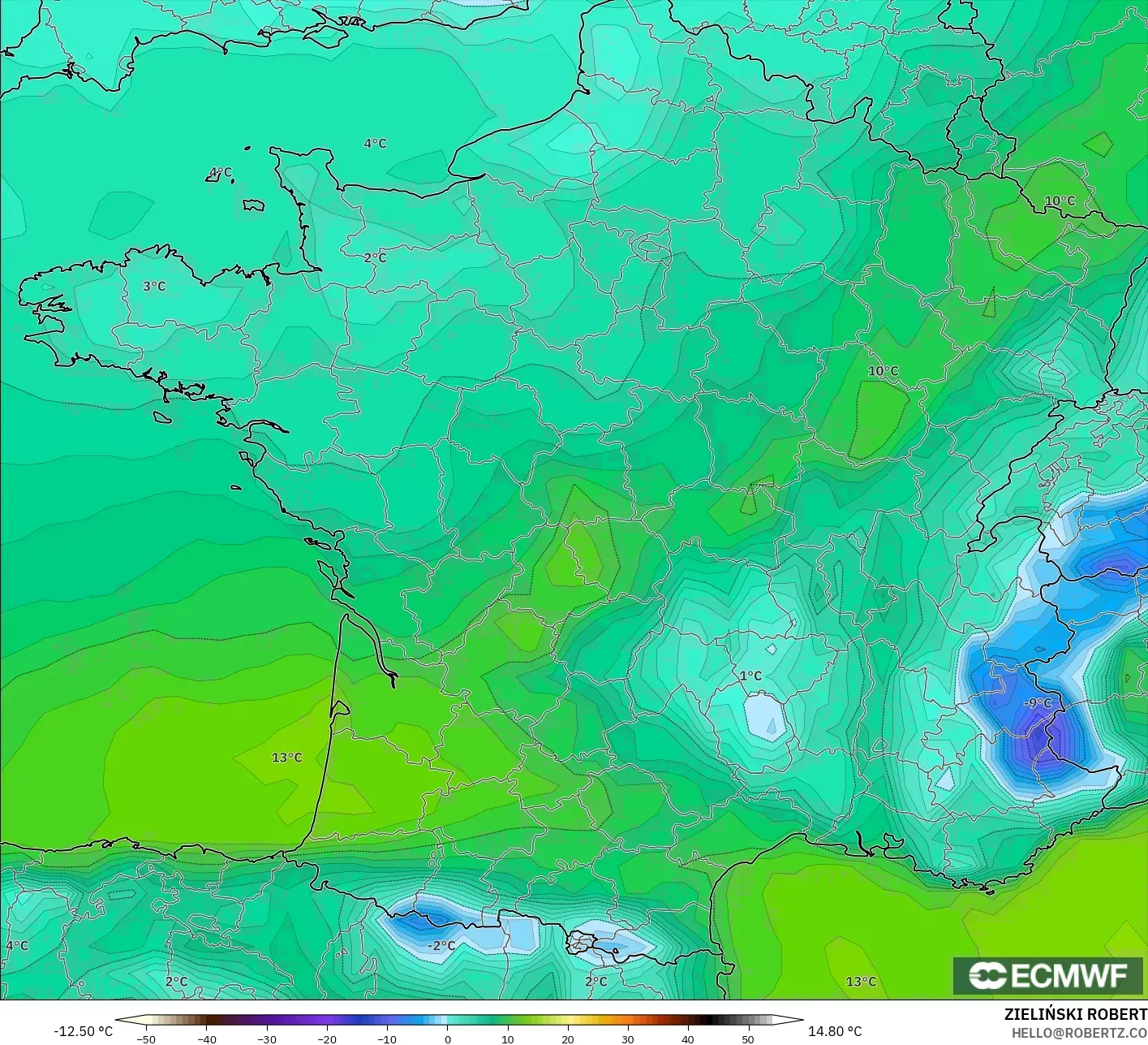 ECMWF IFS 0.25° モデル - フランス, 露点温度（2m）