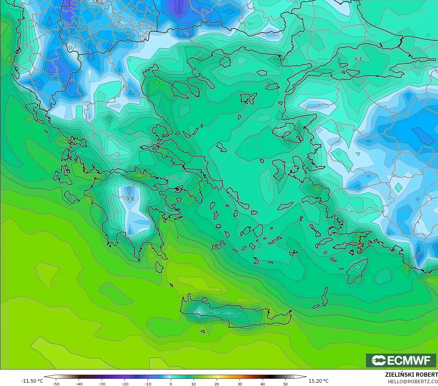 ECMWF IFS 0.25° モデル - ギリシャ, 露点温度（2m）