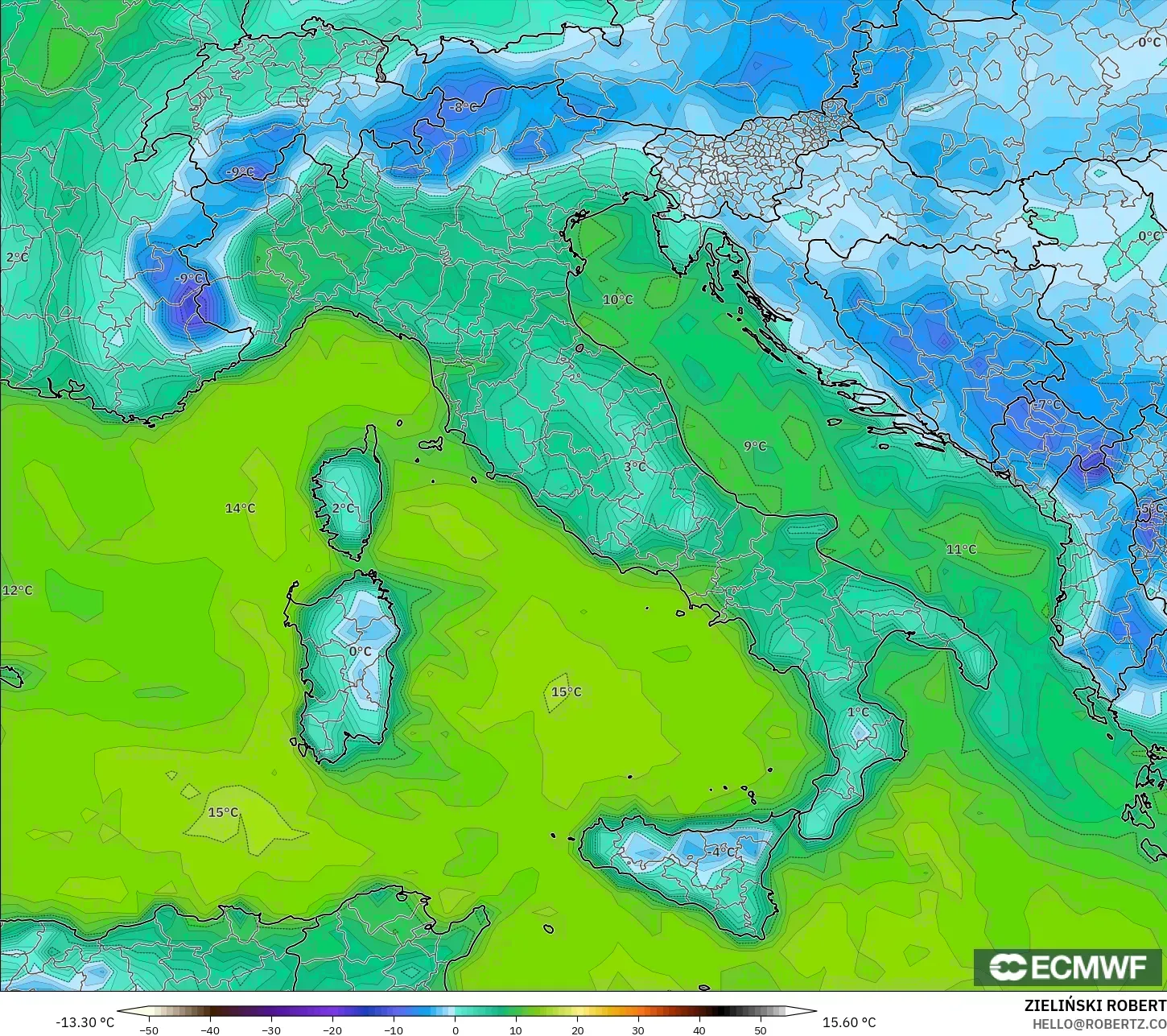 ECMWF IFS 0.25° モデル - イタリア, 露点温度（2m）