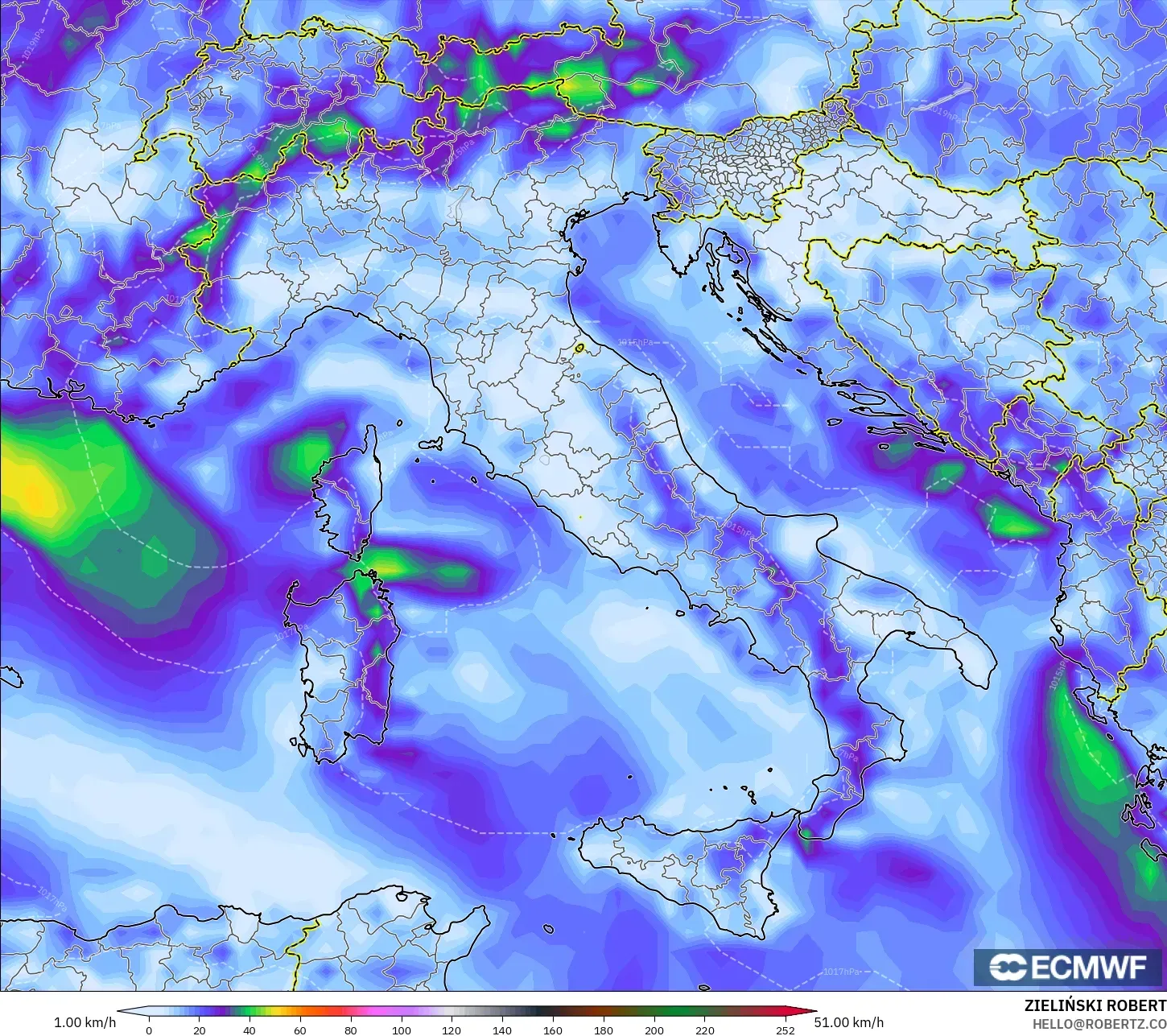 ECMWF IFS 0.25° モデル - イタリア, 突風（最大）