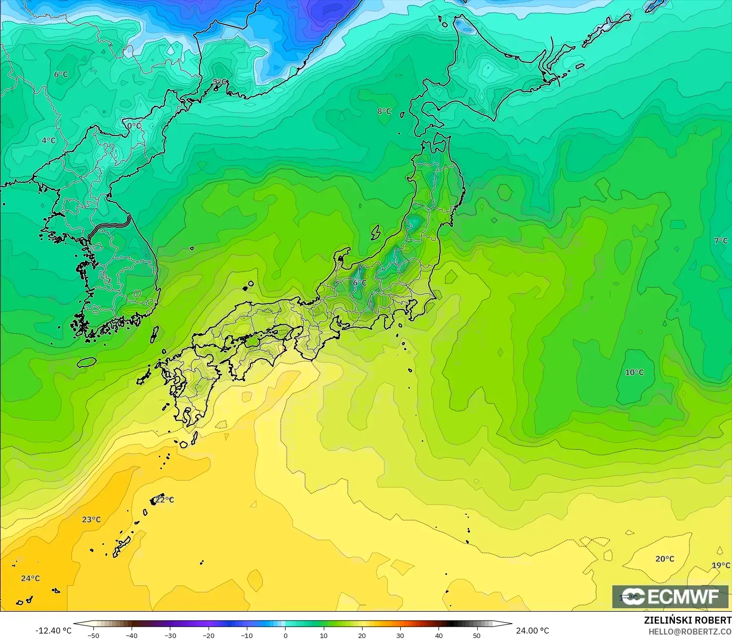 ECMWF IFS 0.25° モデル - 日本, 露点温度（2m）